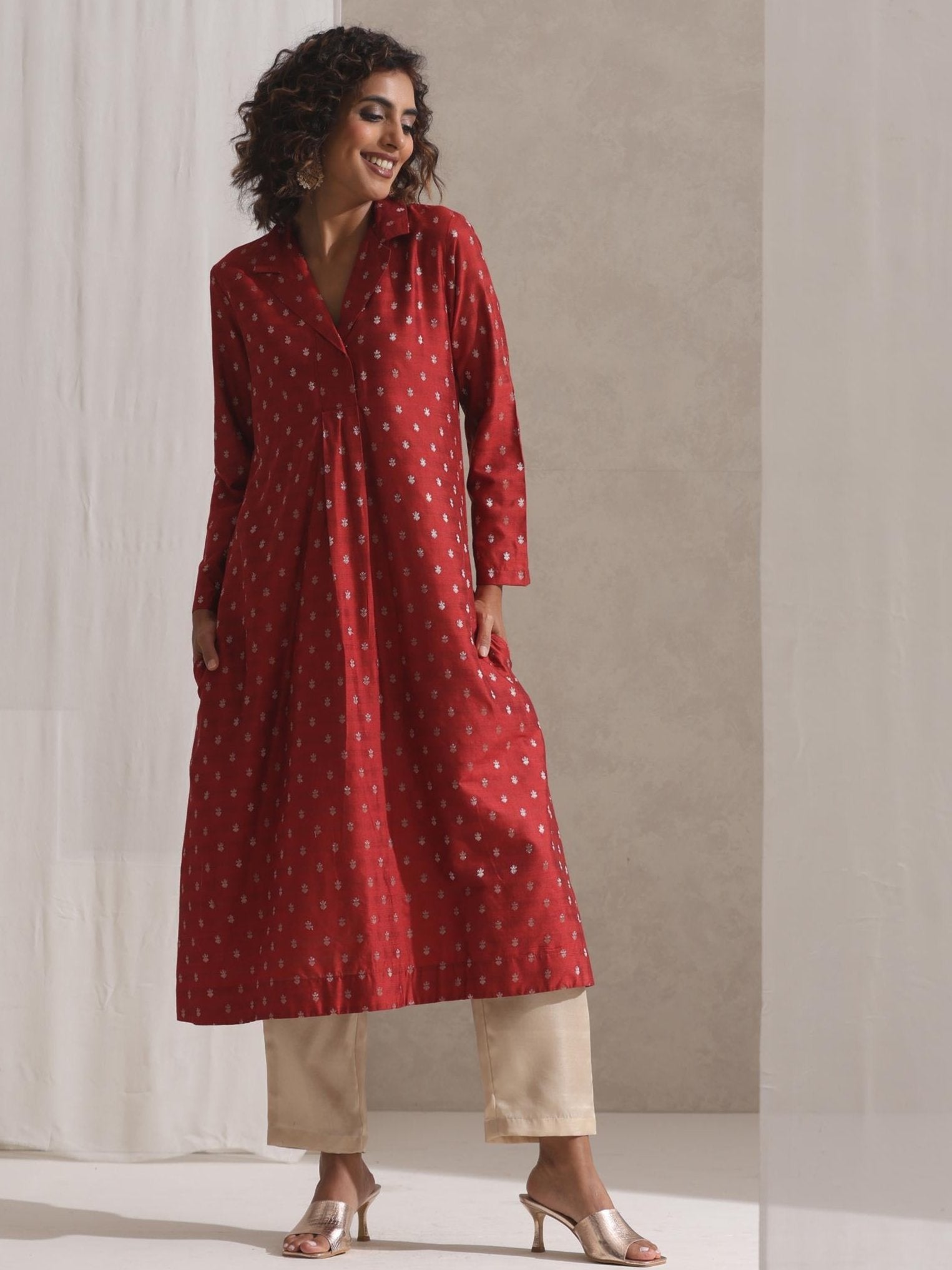 Women's Rust Varanasi Silk Woven Collar Kurta with Cream Pant 2 Piece Set | Straight Fit, Collar Neck, Full Sleeves, Pants, Workwear, (Varanasi Silk)