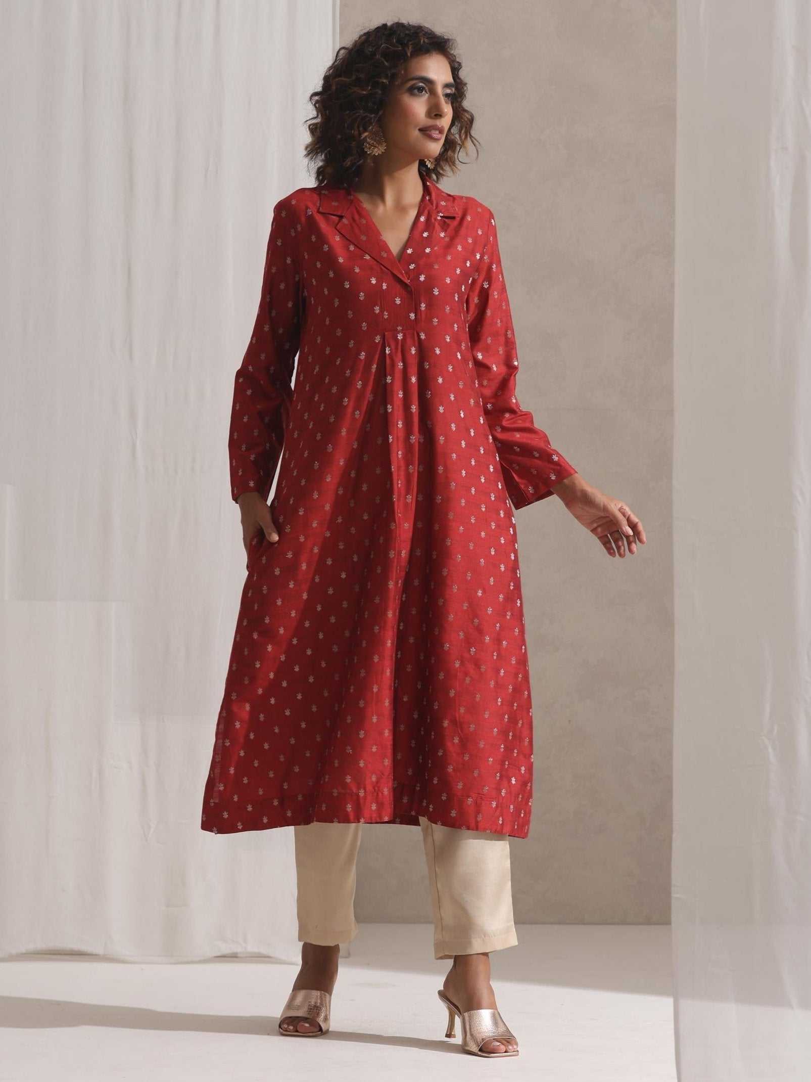 Women's Rust Varanasi Silk Woven Collar Kurta with Cream Pant 2 Piece Set | Straight Fit, Collar Neck, Full Sleeves, Pants, Workwear, (Varanasi Silk)