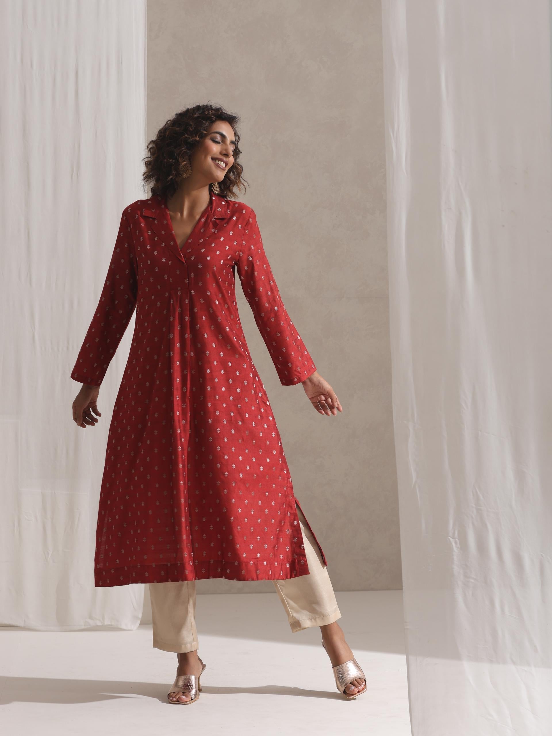 Women's Rust Varanasi Silk Woven Collar Kurta with Cream Pant 2 Piece Set | Straight Fit, Collar Neck, Full Sleeves, Pants, Workwear, (Varanasi Silk)