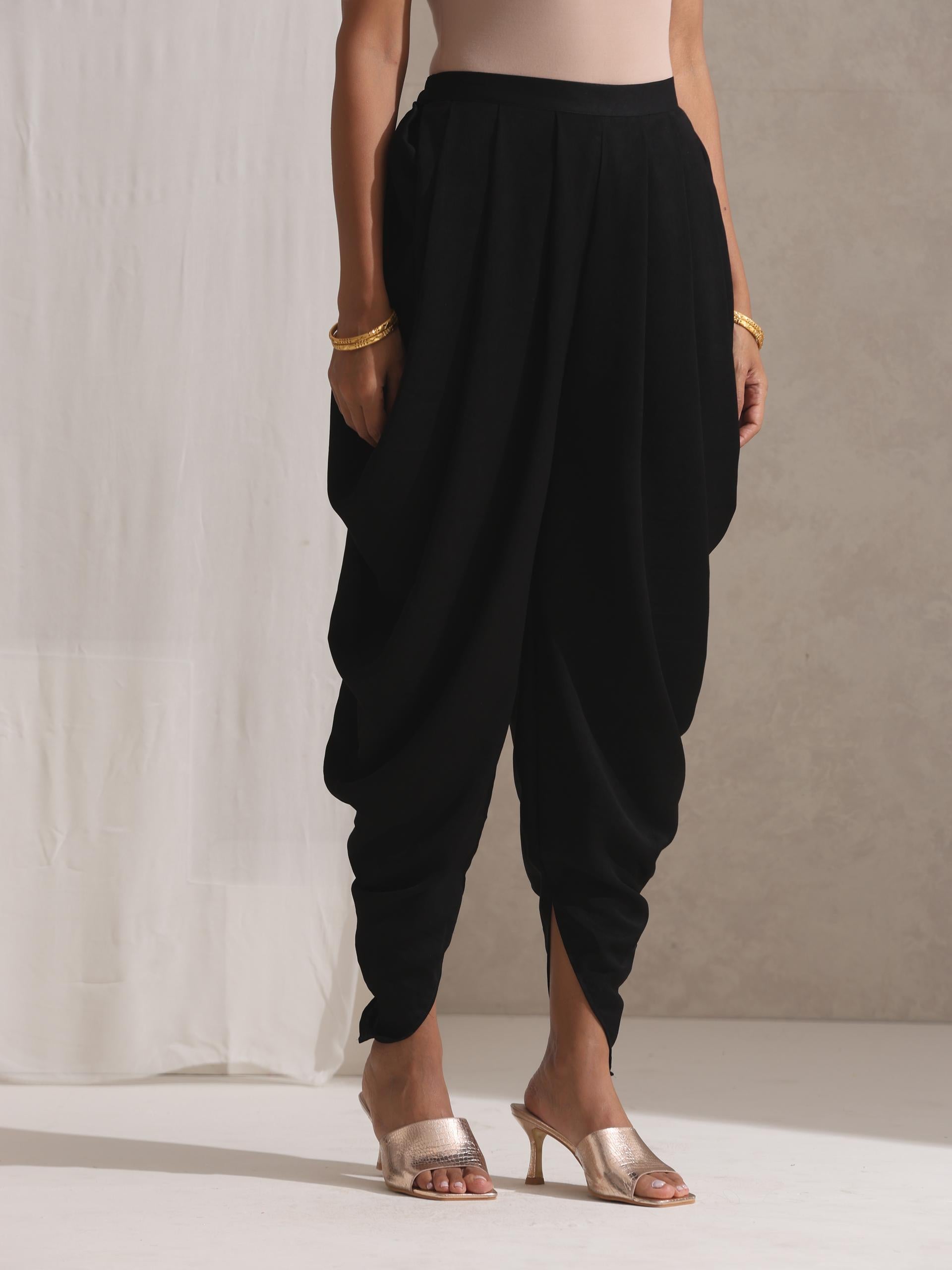 Women's Black Korean Kurta with Pockets and Pyjama 2 Piece Set | Straight Fit, V Neck, Full Sleeves, Workwear, (Korean Fabric)