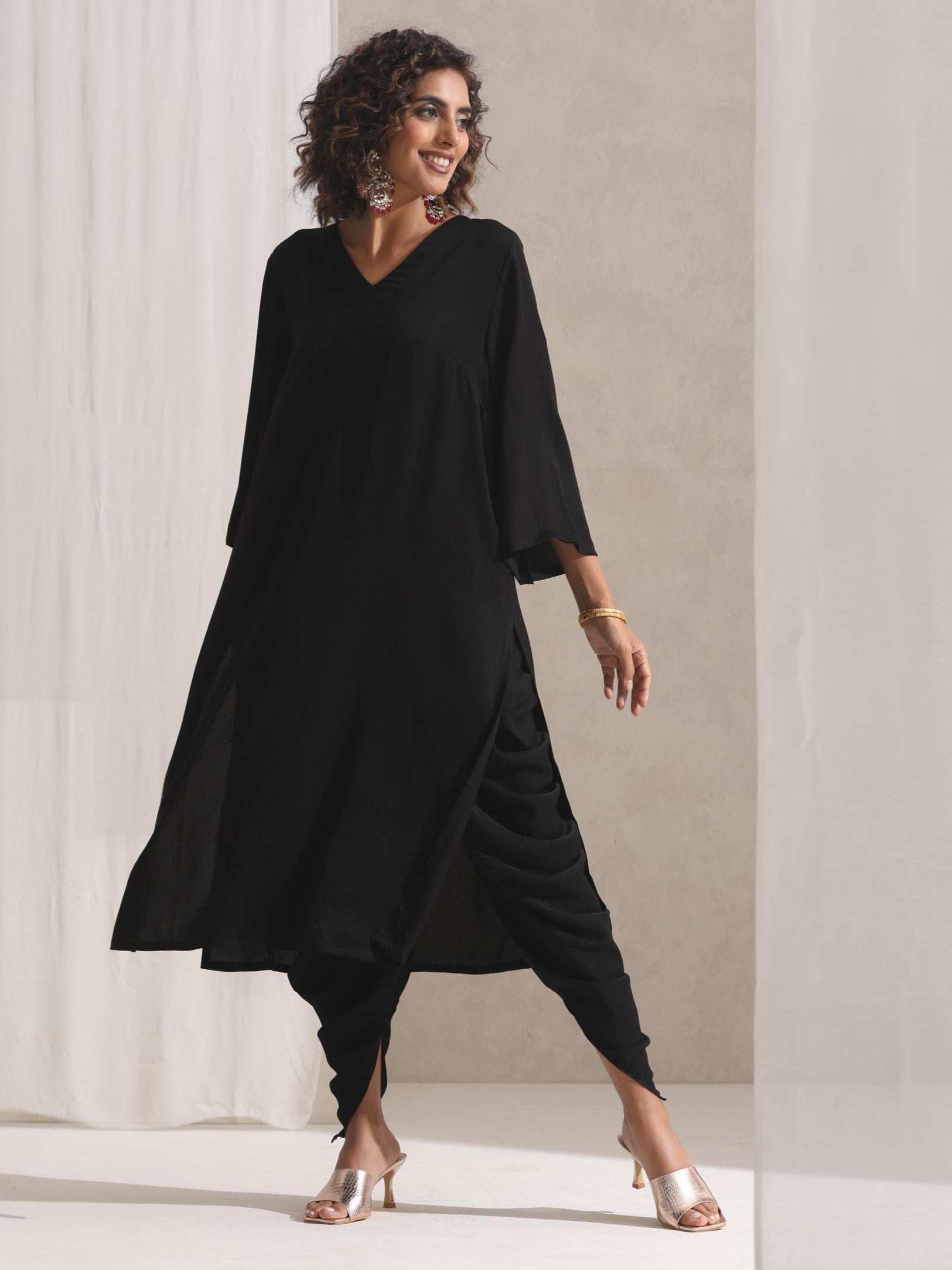 Women's Black Korean Kurta with Pockets and Pyjama 2 Piece Set | Straight Fit, V Neck, Full Sleeves, Workwear, (Korean Fabric)