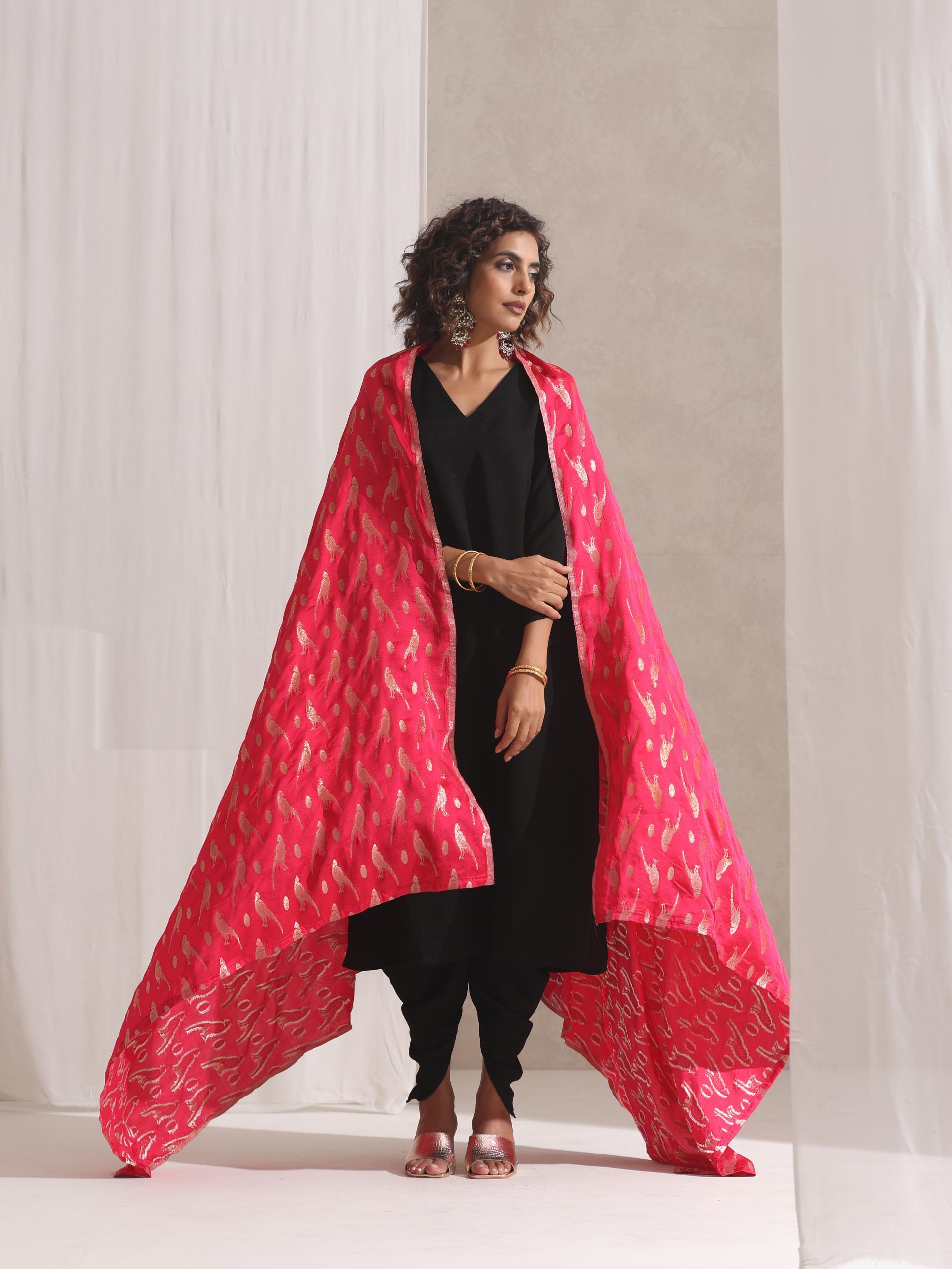 Women's Black Korean Kurta with Pockets and Pyjama 2 Piece Set | Straight Fit, V Neck, Full Sleeves, Workwear, (Korean Fabric)