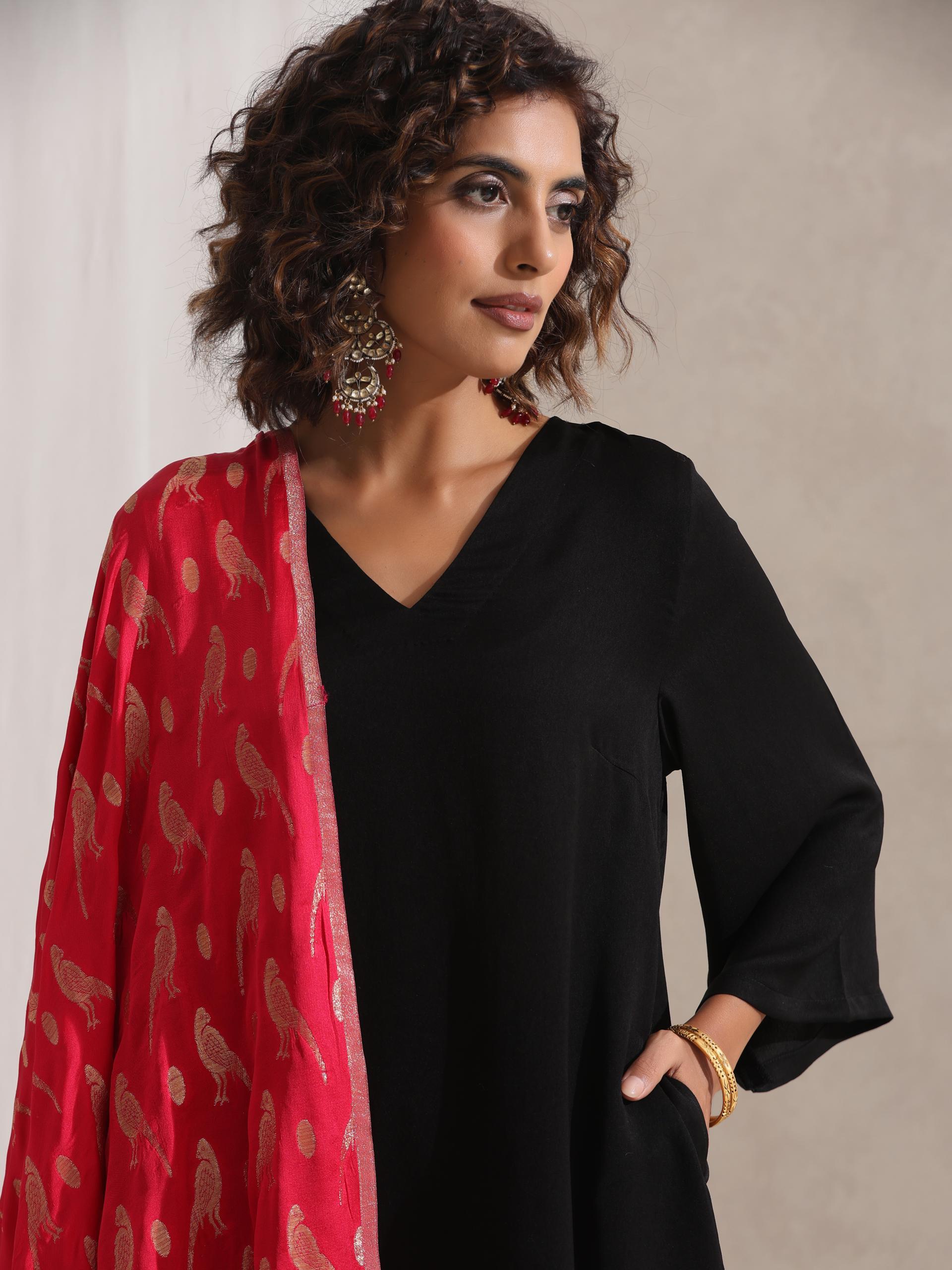 Women's Black Korean Kurta with Pockets and Pyjama 2 Piece Set | Straight Fit, V Neck, Full Sleeves, Workwear, (Korean Fabric)