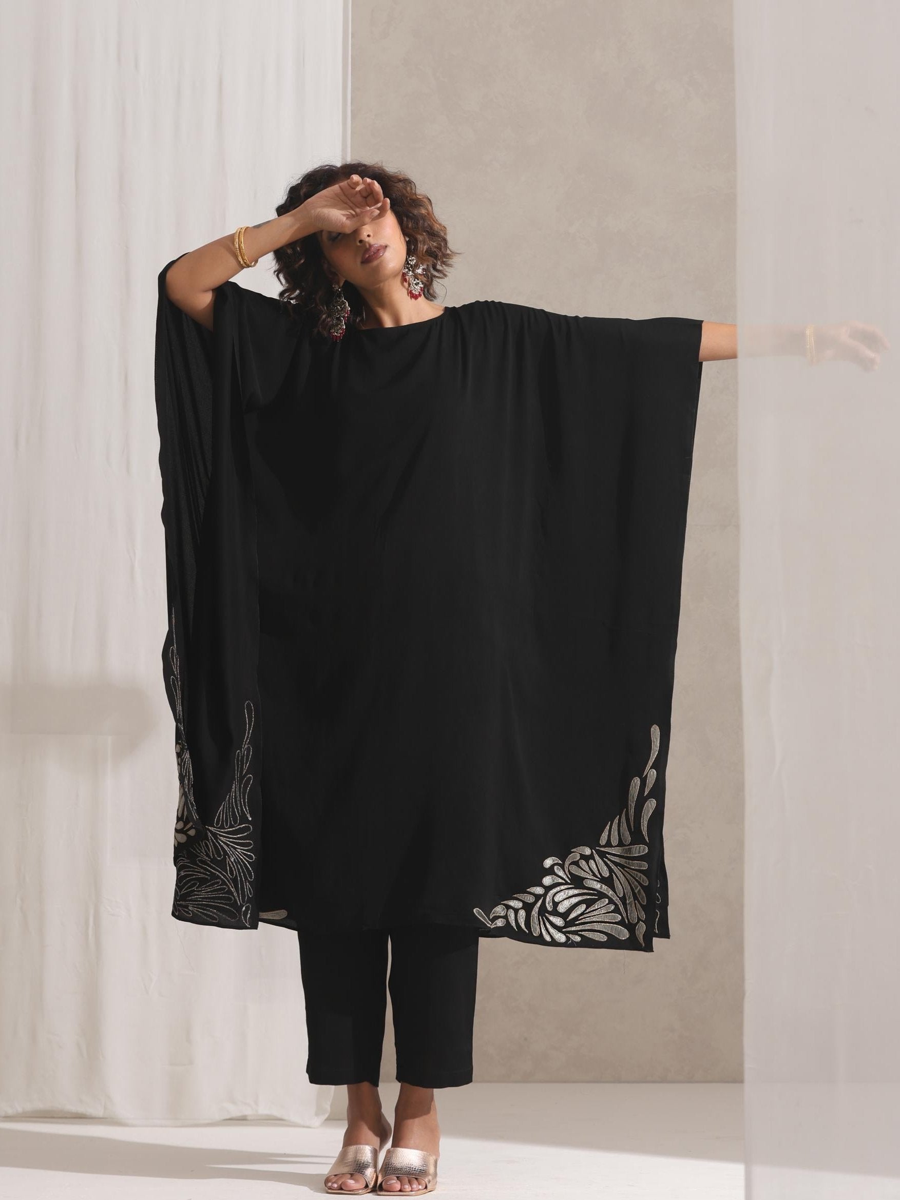 Women's Black Korean Embroidered Kaftan with Pyjama 2 Piece Set | Kaftan Fit, Round Neck, Long Sleeves, Work Wear, Casual Wear (Korean Fabric)
