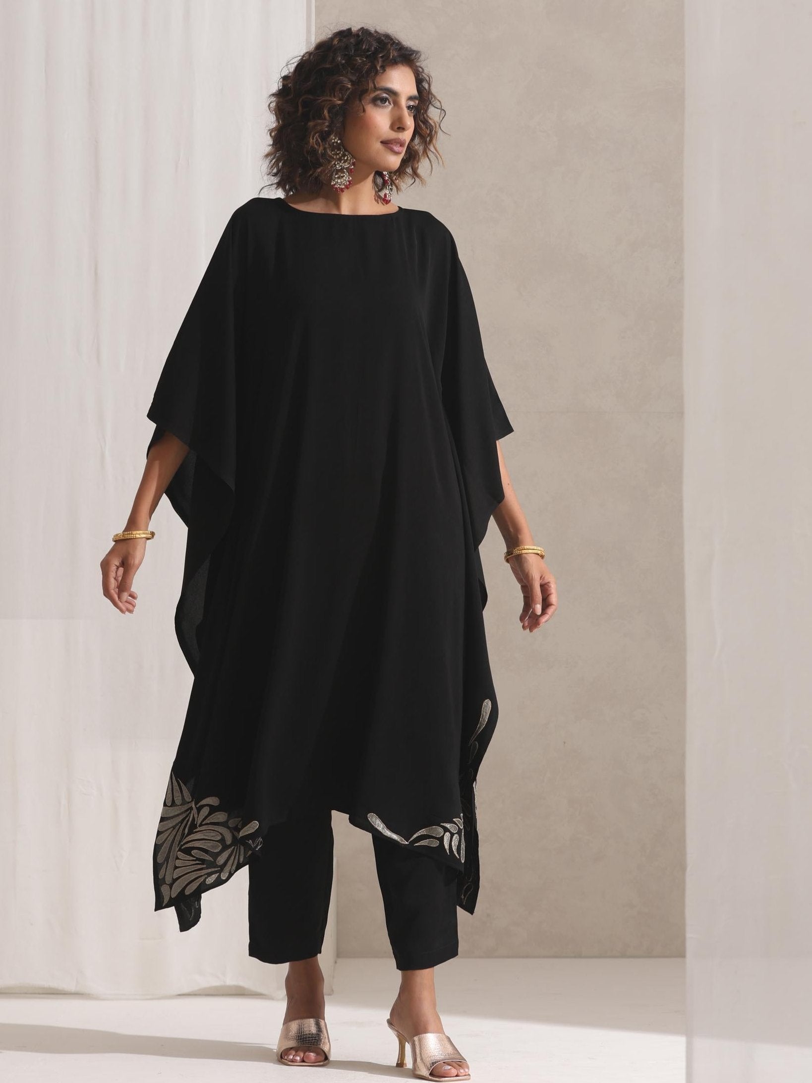 Women's Black Korean Embroidered Kaftan with Pyjama 2 Piece Set | Kaftan Fit, Round Neck, Long Sleeves, Work Wear, Casual Wear (Korean Fabric)