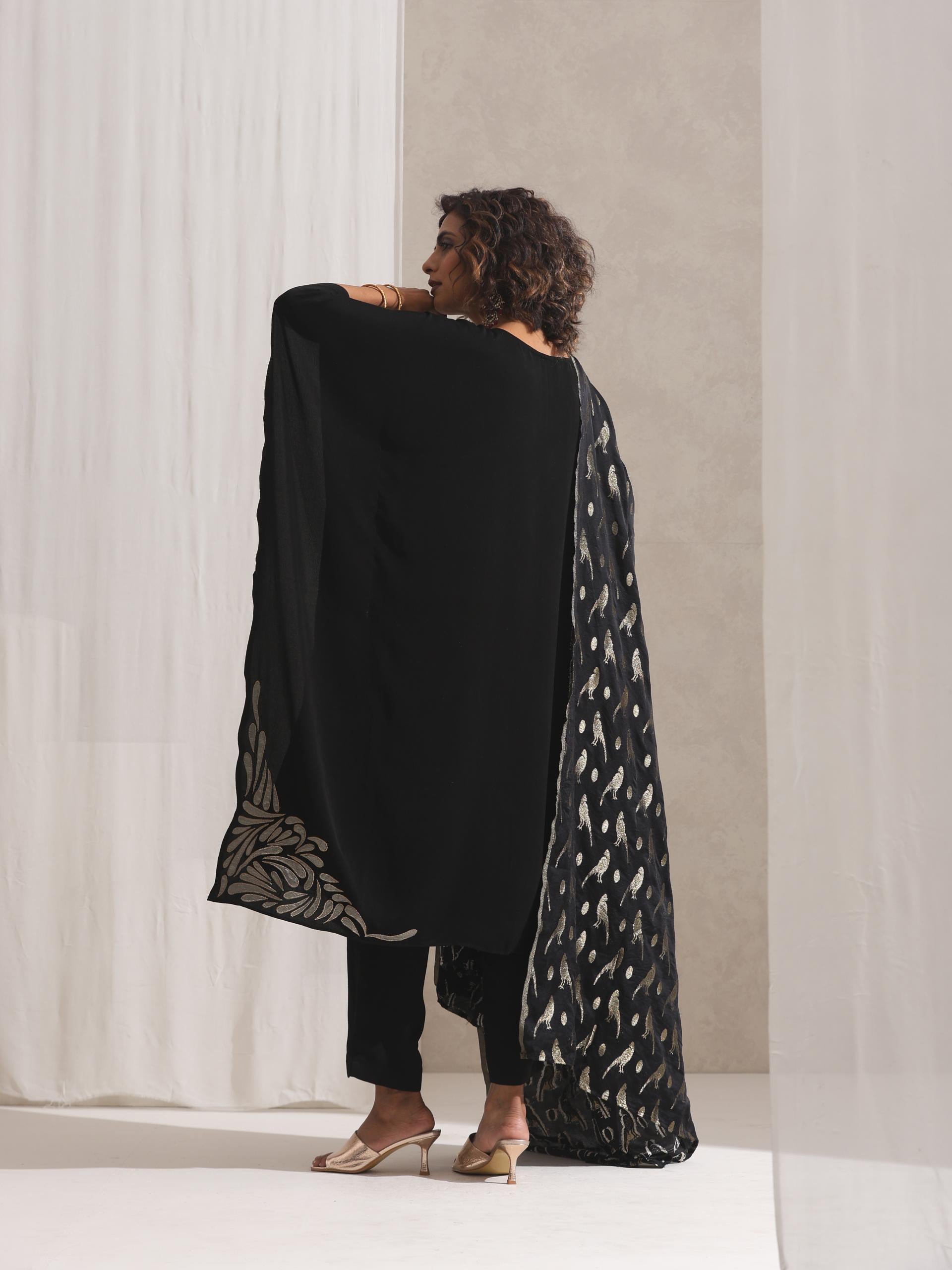 Women's Black Korean Embroidered Kaftan with Pyjama 2 Piece Set | Kaftan Fit, Round Neck, Long Sleeves, Work Wear, Casual Wear (Korean Fabric)