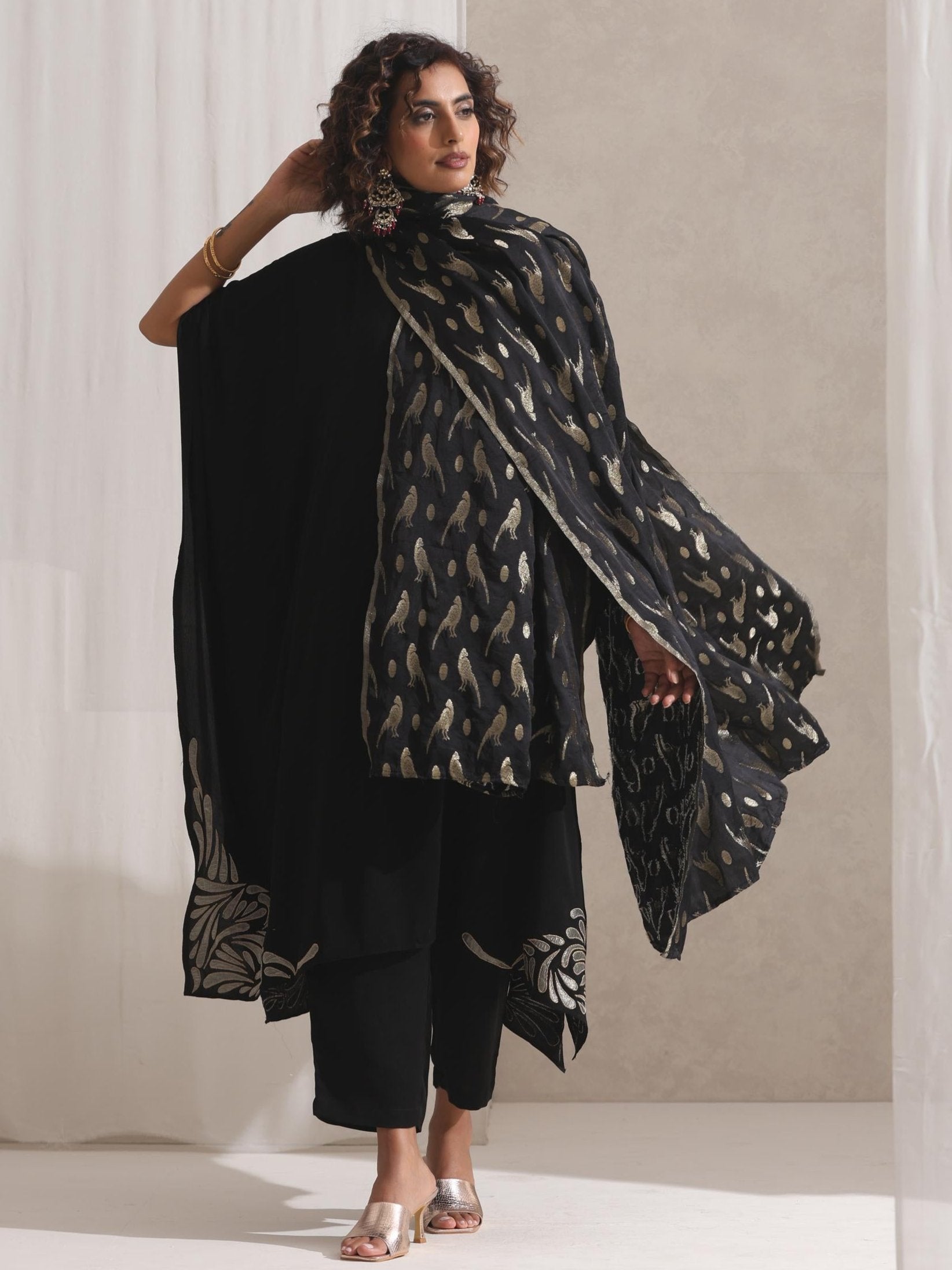 Women's Black Korean Embroidered Kaftan with Pyjama 2 Piece Set | Kaftan Fit, Round Neck, Long Sleeves, Work Wear, Casual Wear (Korean Fabric)