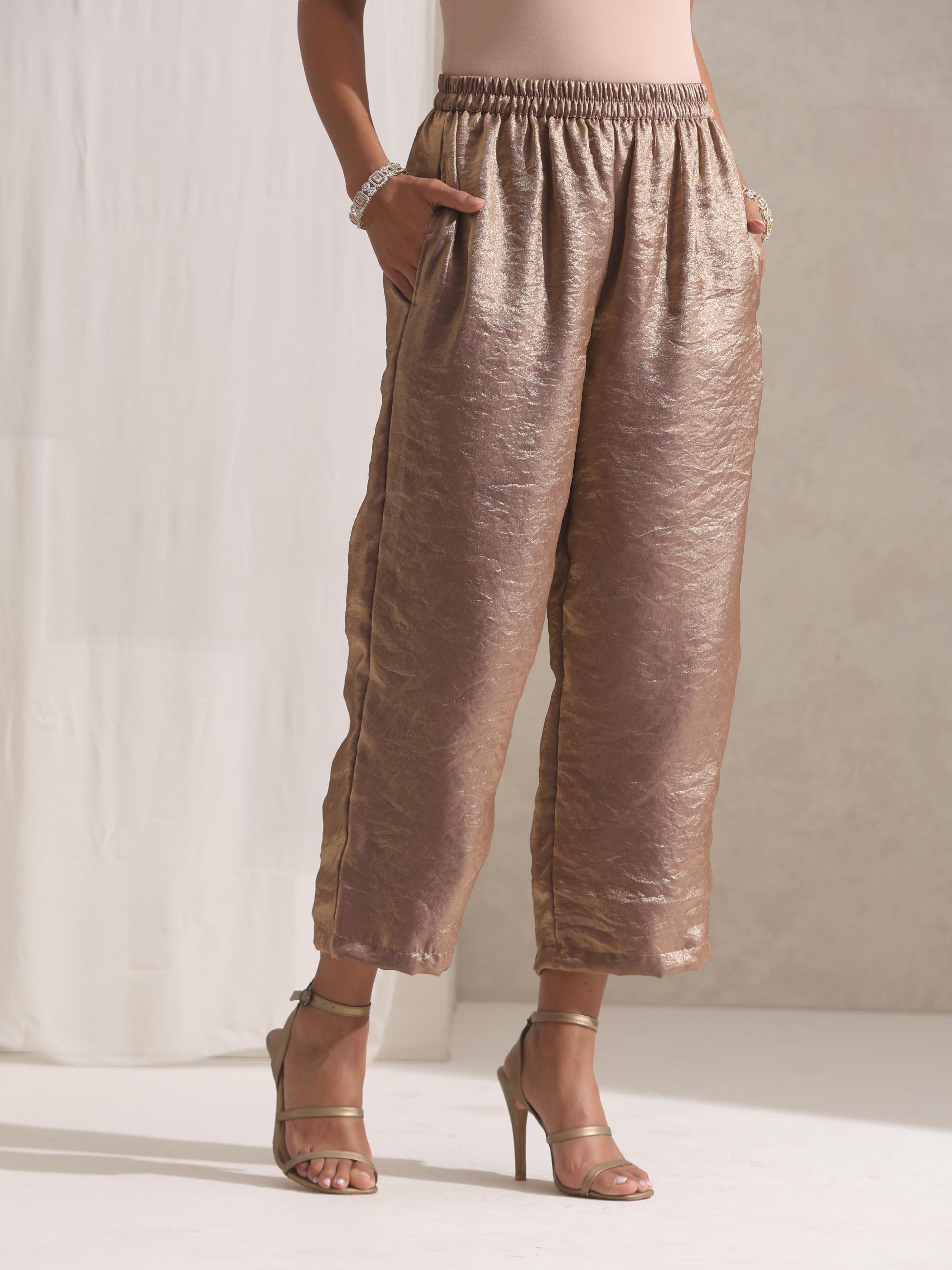 Women's Gold Metallic Satin Kurta with Embroidery and Pants 2 Piece Set | A-Line, Round Neck, 3/4 Sleeves, Partywear, (Metallic Satin)