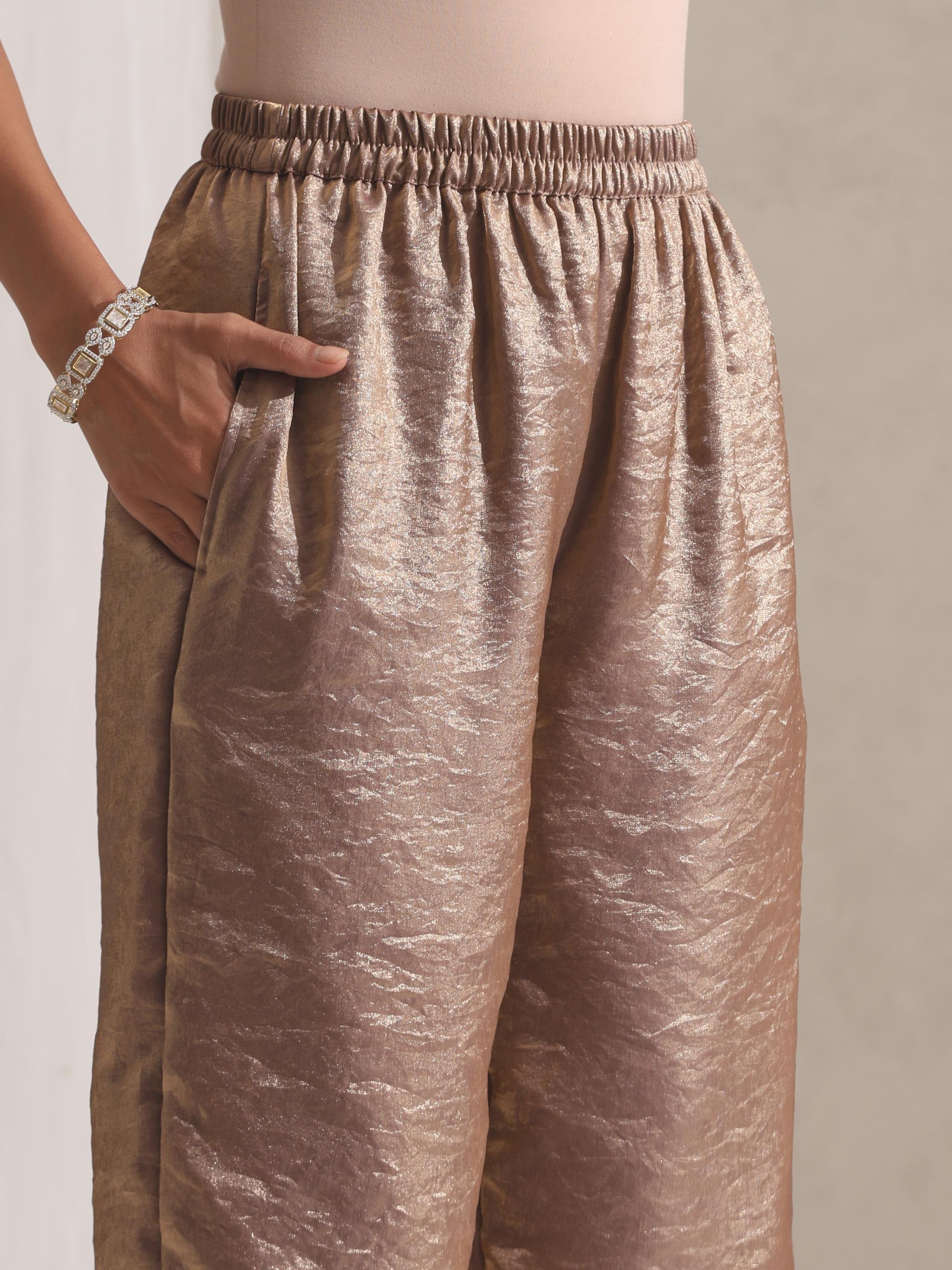 Women's Gold Metallic Satin Kurta with Embroidery and Pants 2 Piece Set | A-Line, Round Neck, 3/4 Sleeves, Partywear, (Metallic Satin)