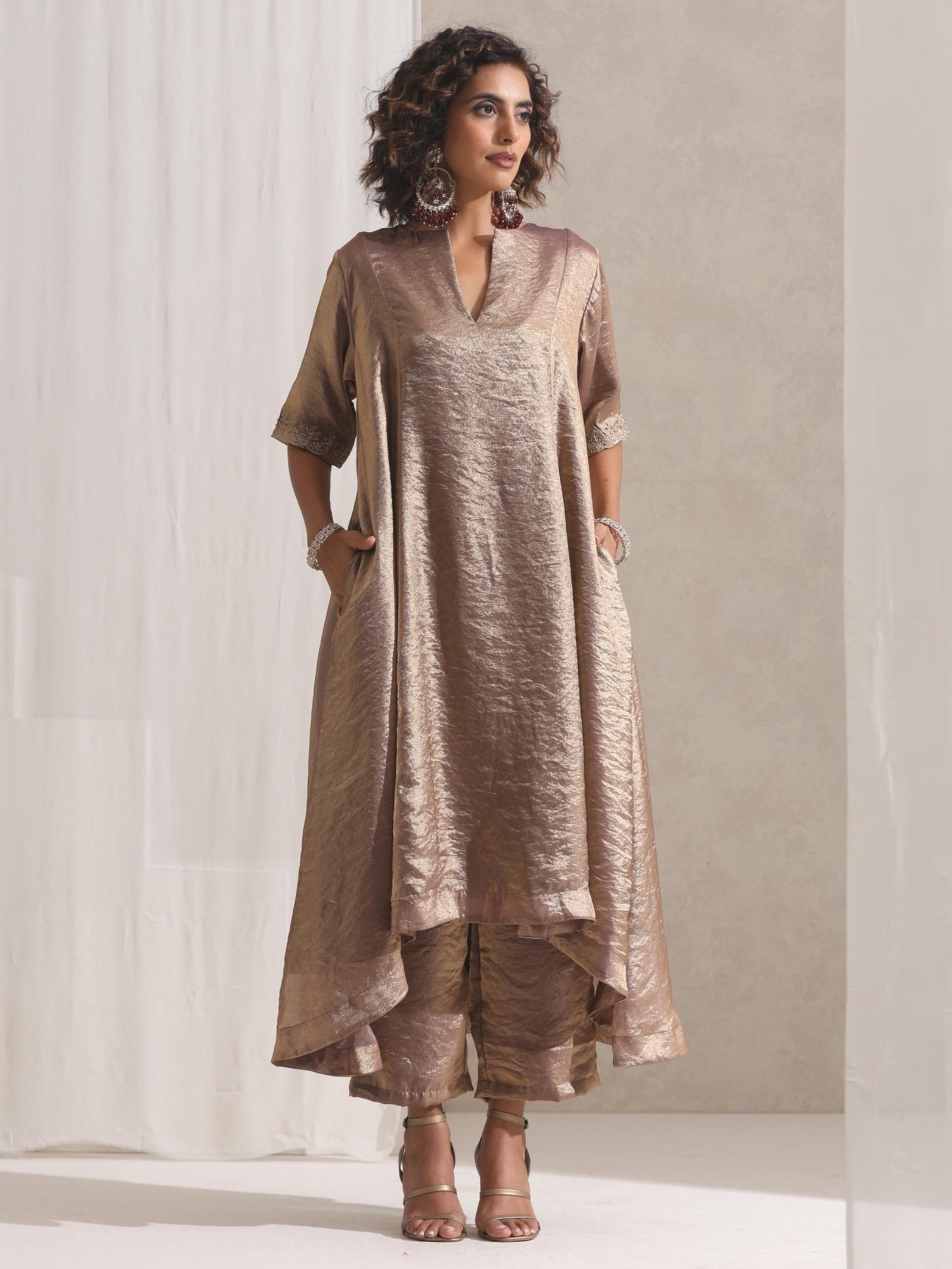 Women's Gold Metallic Satin Kurta with Embroidery and Pants 2 Piece Set | A-Line, Round Neck, 3/4 Sleeves, Partywear, (Metallic Satin)