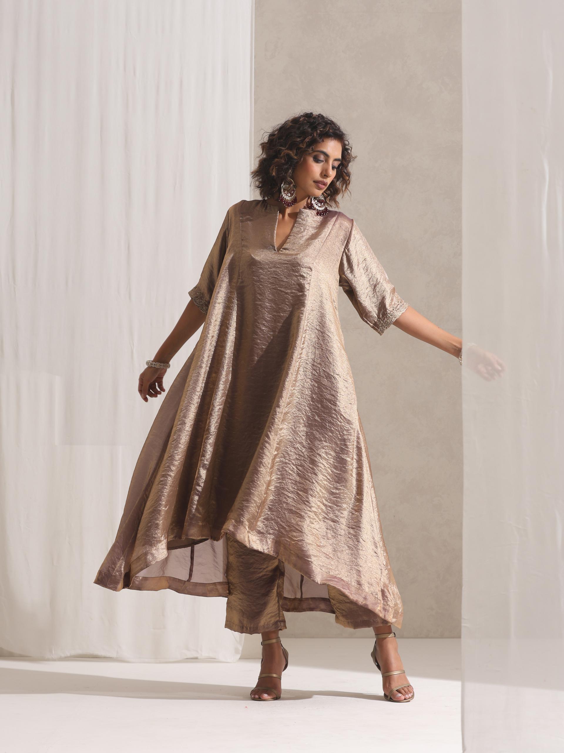 Women's Gold Metallic Satin Kurta with Embroidery and Pants 2 Piece Set | A-Line, Round Neck, 3/4 Sleeves, Partywear, (Metallic Satin)