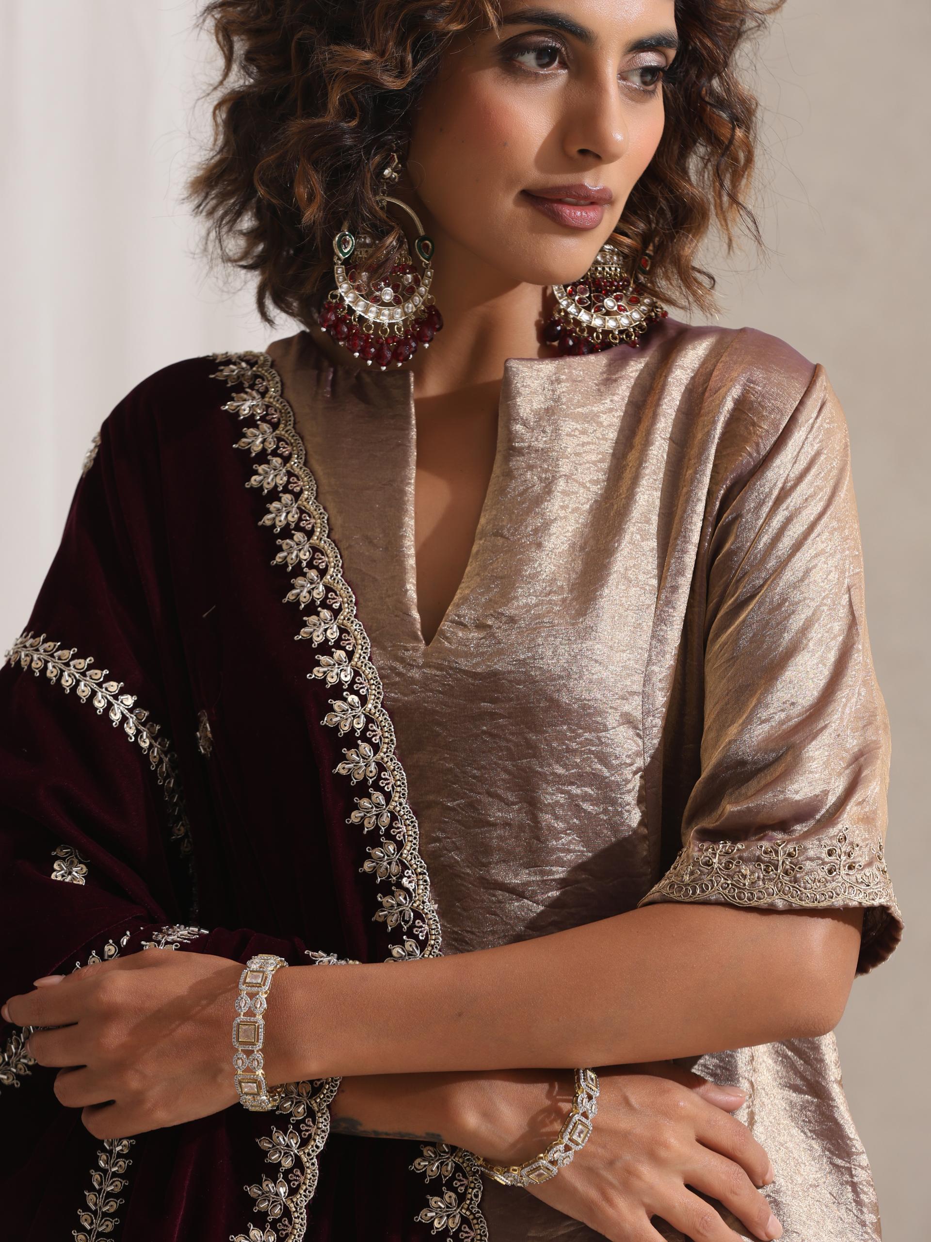Women's Gold Metallic Satin Kurta with Embroidery and Pants 2 Piece Set | A-Line, Round Neck, 3/4 Sleeves, Partywear, (Metallic Satin)