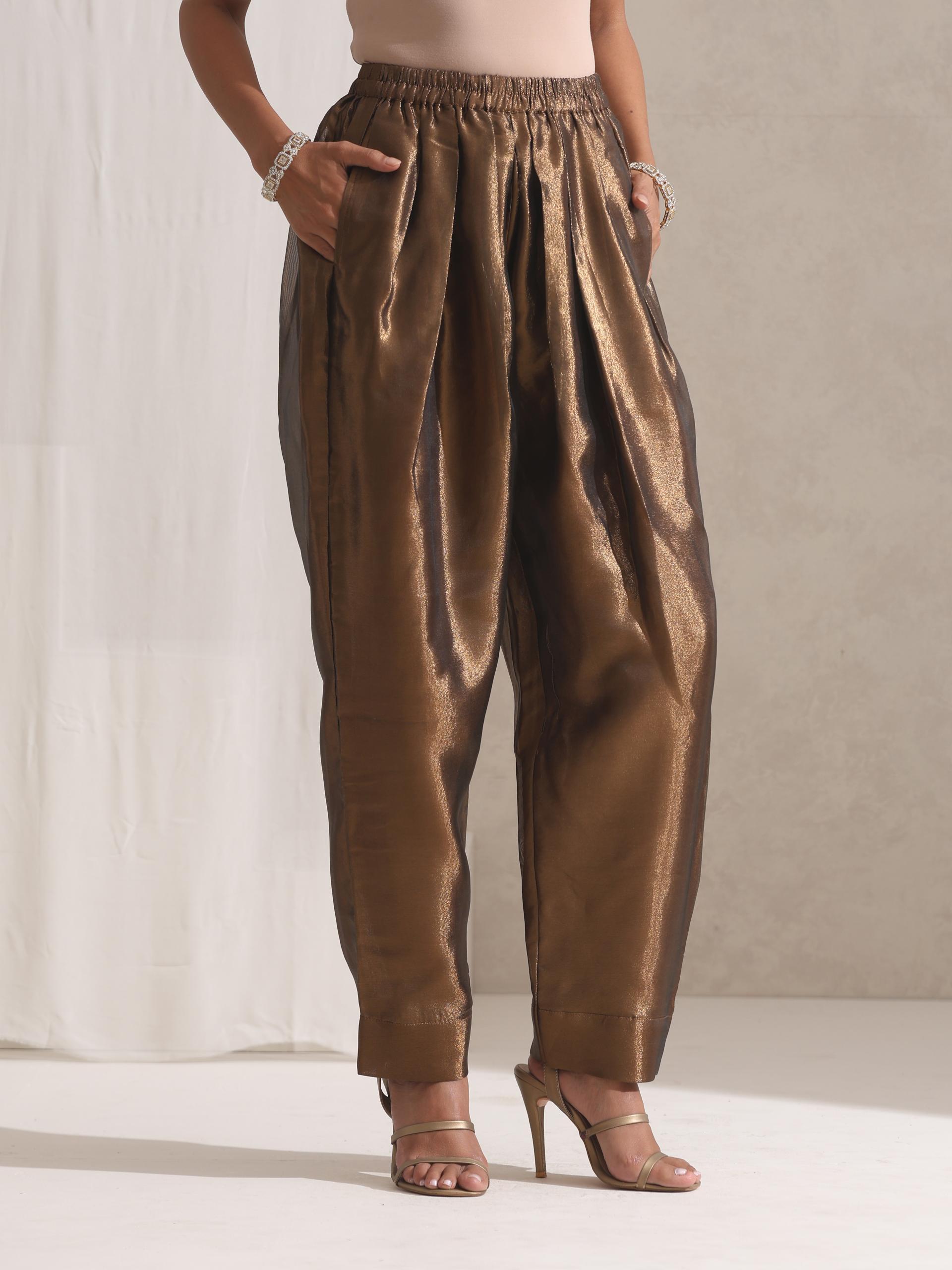 Women's Burnt Topaz Banarasi Tissue Kurta with Pyjama 2 Piece Set | Straight Fit, V Neck, 3/4 Sleeves, Festive Wear, (Banarasi Tissue)