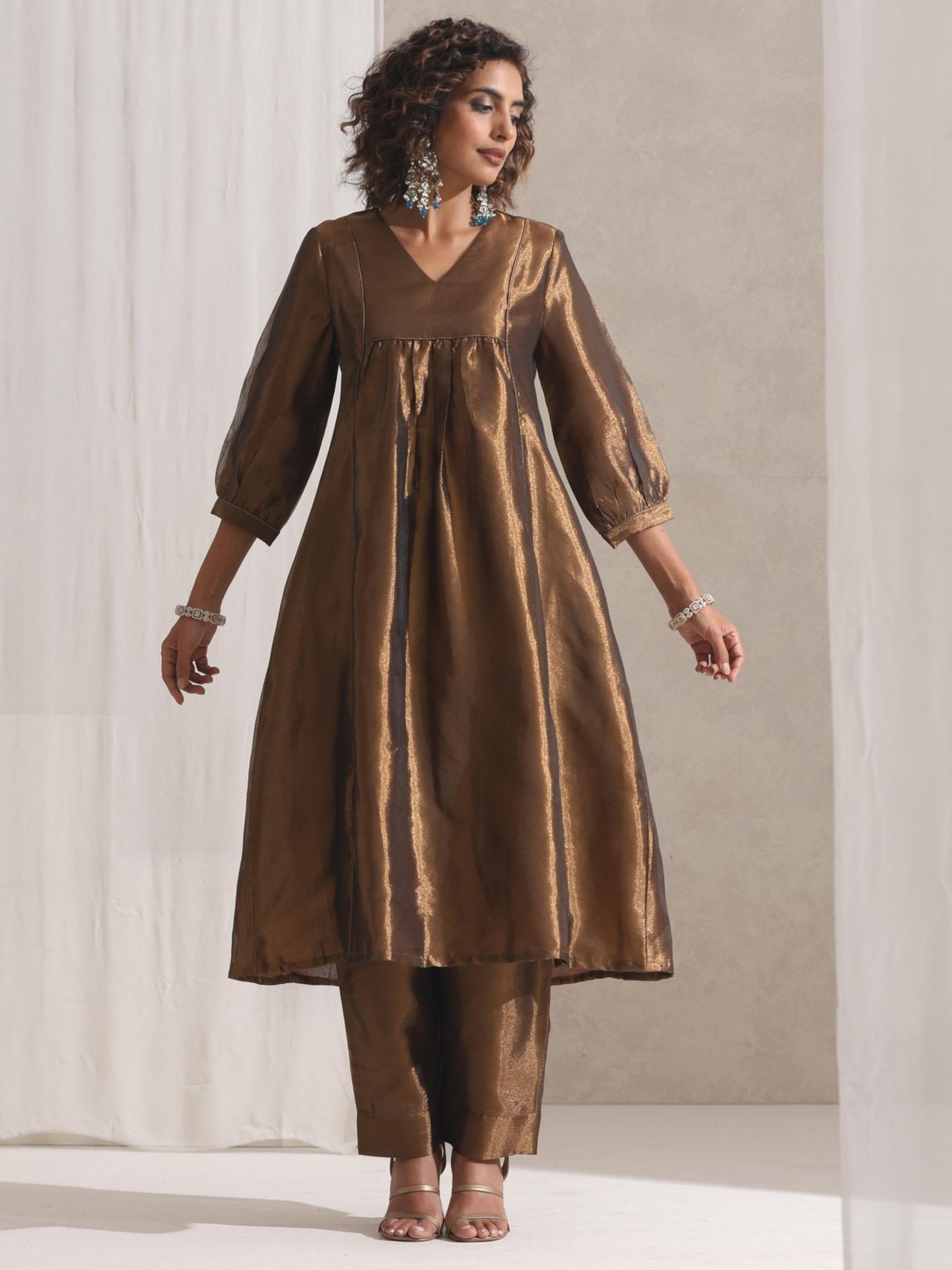 Women's Burnt Topaz Banarasi Tissue Kurta with Pyjama 2 Piece Set | Straight Fit, V Neck, 3/4 Sleeves, Festive Wear, (Banarasi Tissue)
