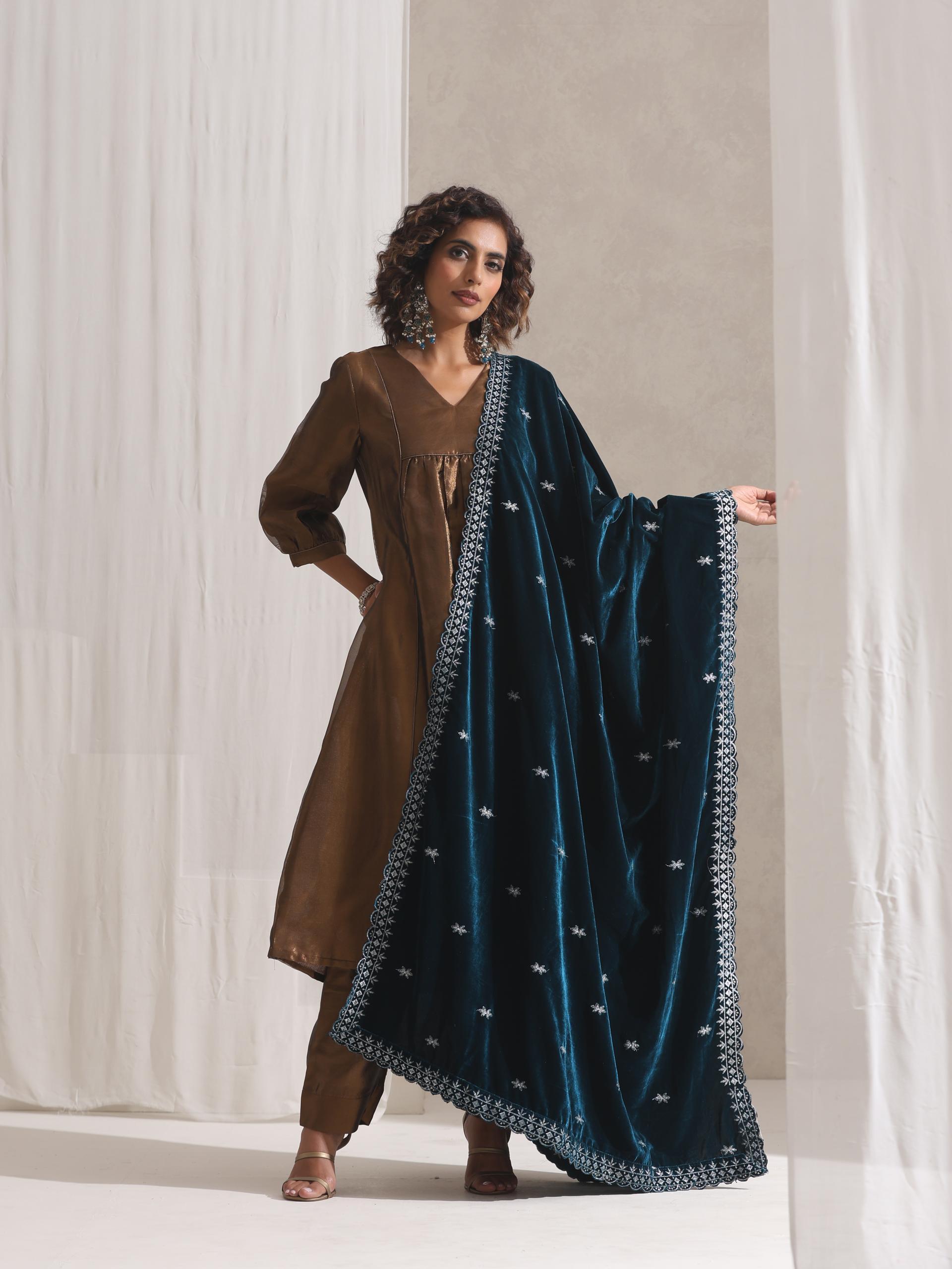 Women's Burnt Topaz Banarasi Tissue Kurta with Pyjama 2 Piece Set | Straight Fit, V Neck, 3/4 Sleeves, Festive Wear, (Banarasi Tissue)
