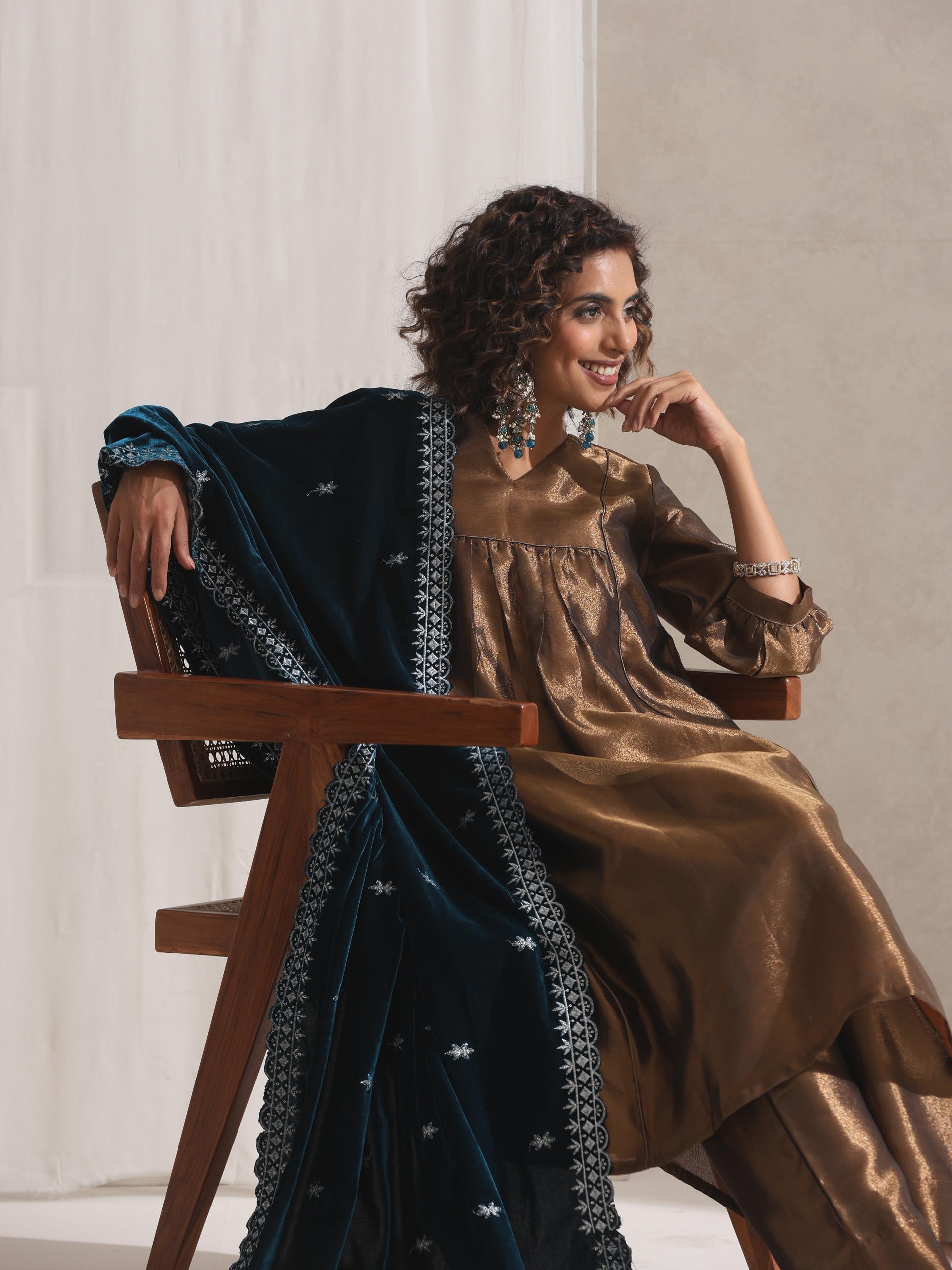 Women's Burnt Topaz Banarasi Tissue Kurta with Pyjama 2 Piece Set | Straight Fit, V Neck, 3/4 Sleeves, Festive Wear, (Banarasi Tissue)