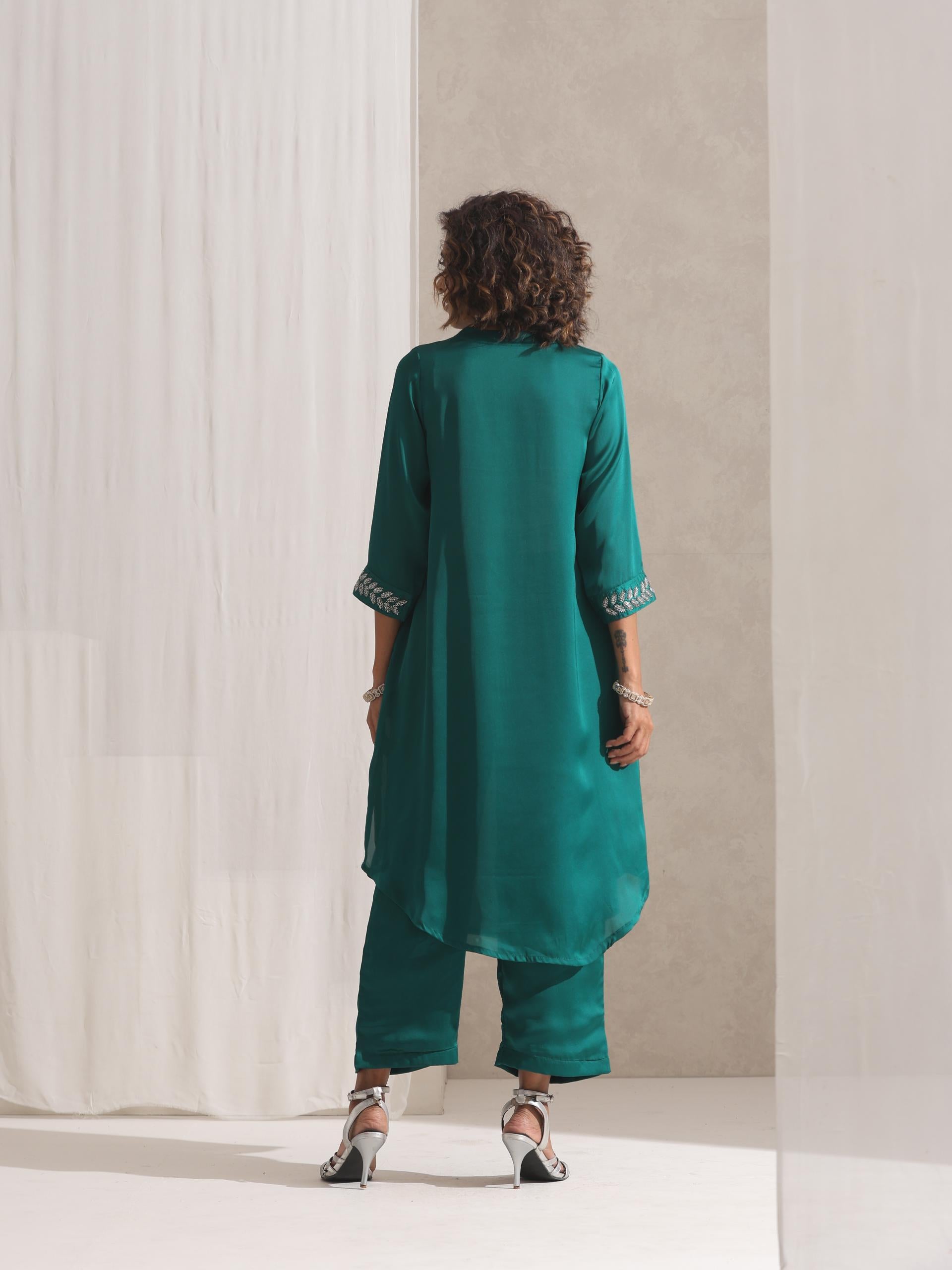 2 pc SET - Emerald Satin Kurta with Hand Beading and Pyjama