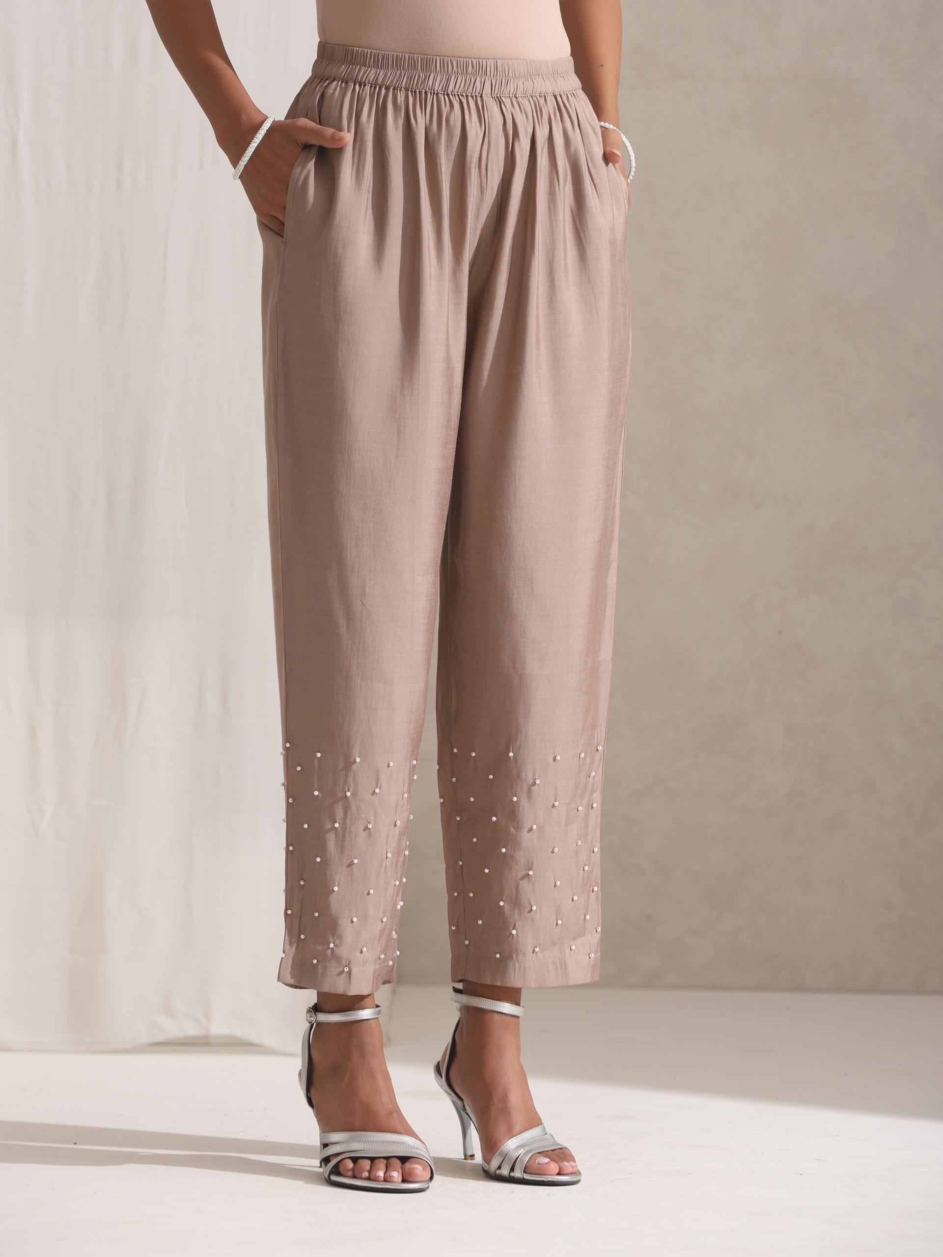 Women's Fawn Kurta and Pyjama with Pearl Embroidery 2 Piece Set | Straight Fit, V Neck, 3/4 Sleeves, Pyjama, Work Wear, (AirSkin Cotton Silk Blend)