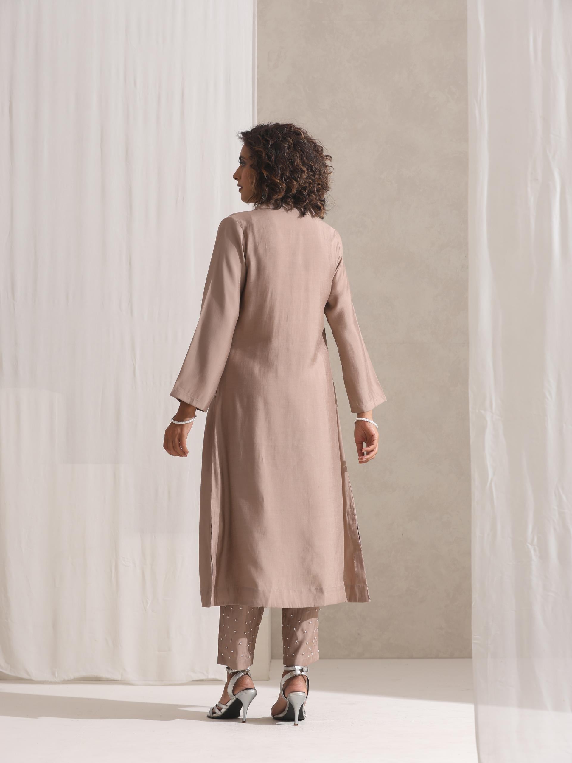 Women's Fawn Kurta and Pyjama with Pearl Embroidery 2 Piece Set | Straight Fit, V Neck, 3/4 Sleeves, Pyjama, Work Wear, (AirSkin Cotton Silk Blend)