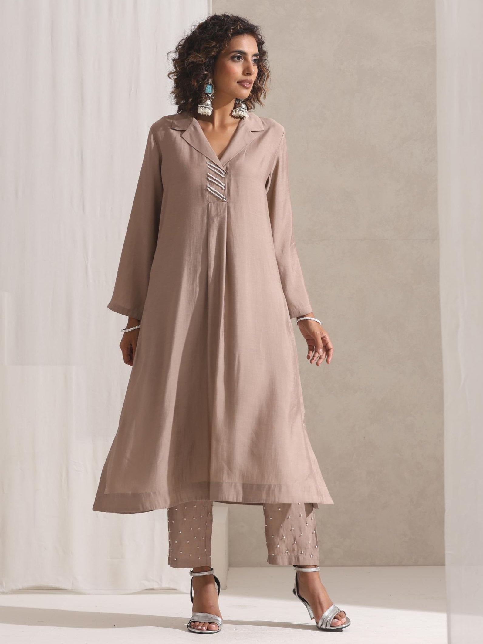 Women's Fawn Kurta and Pyjama with Pearl Embroidery 2 Piece Set | Straight Fit, V Neck, 3/4 Sleeves, Pyjama, Work Wear, (AirSkin Cotton Silk Blend)