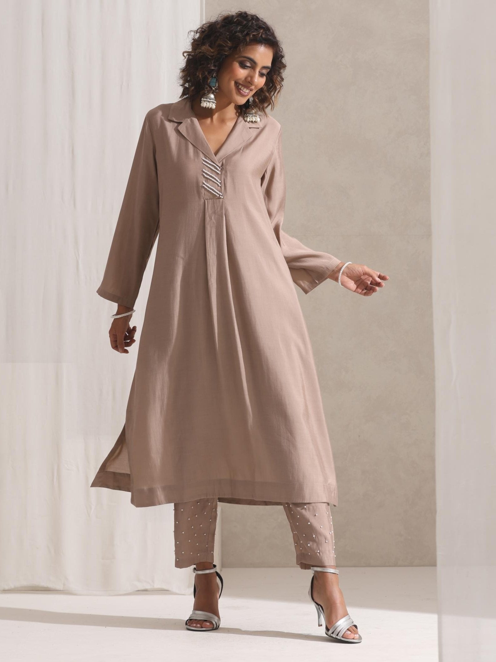 Women's Fawn Kurta and Pyjama with Pearl Embroidery 2 Piece Set | Straight Fit, V Neck, 3/4 Sleeves, Pyjama, Work Wear, (AirSkin Cotton Silk Blend)