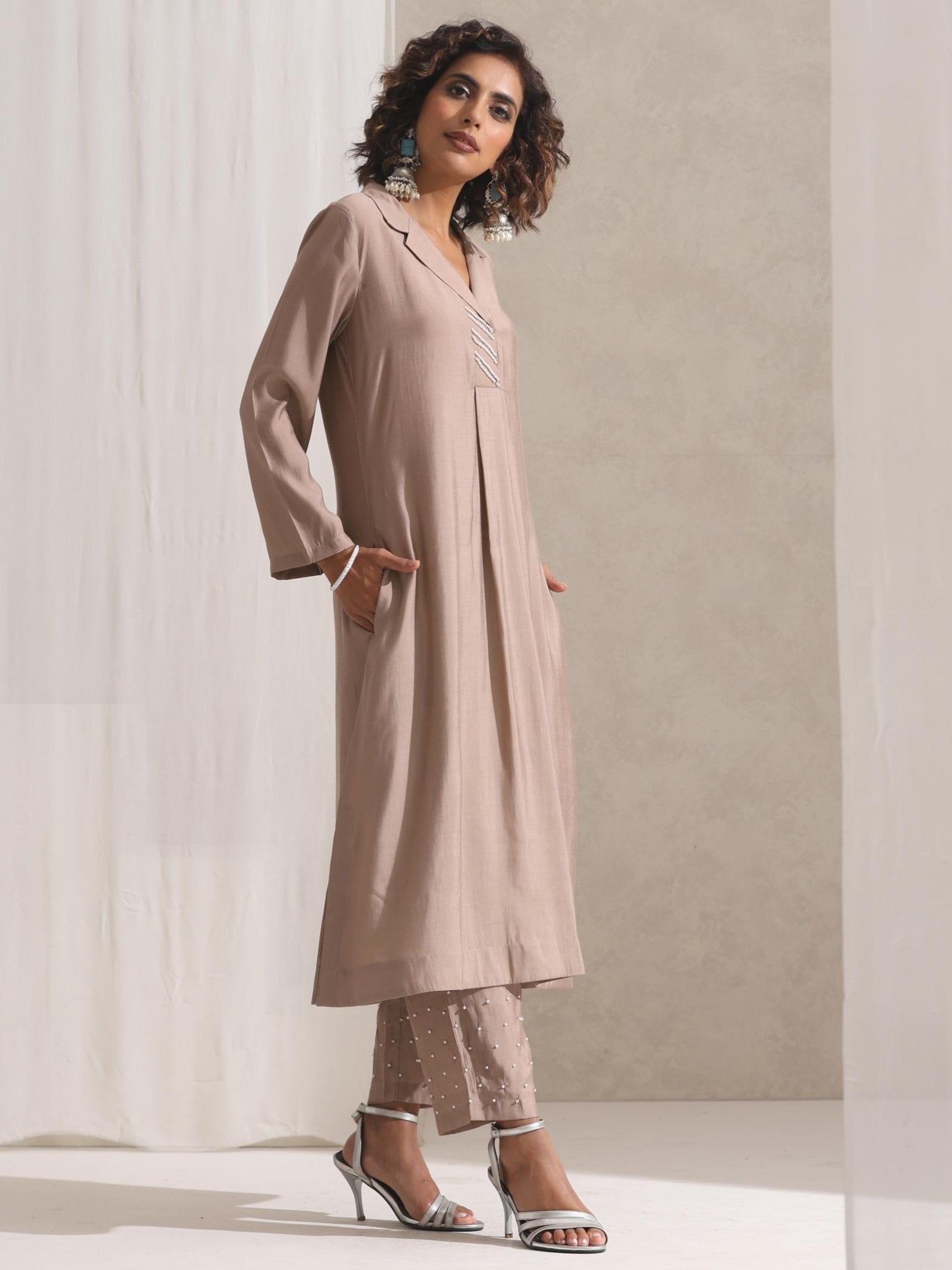 Women's Fawn Kurta and Pyjama with Pearl Embroidery 2 Piece Set | Straight Fit, V Neck, 3/4 Sleeves, Pyjama, Work Wear, (AirSkin Cotton Silk Blend)