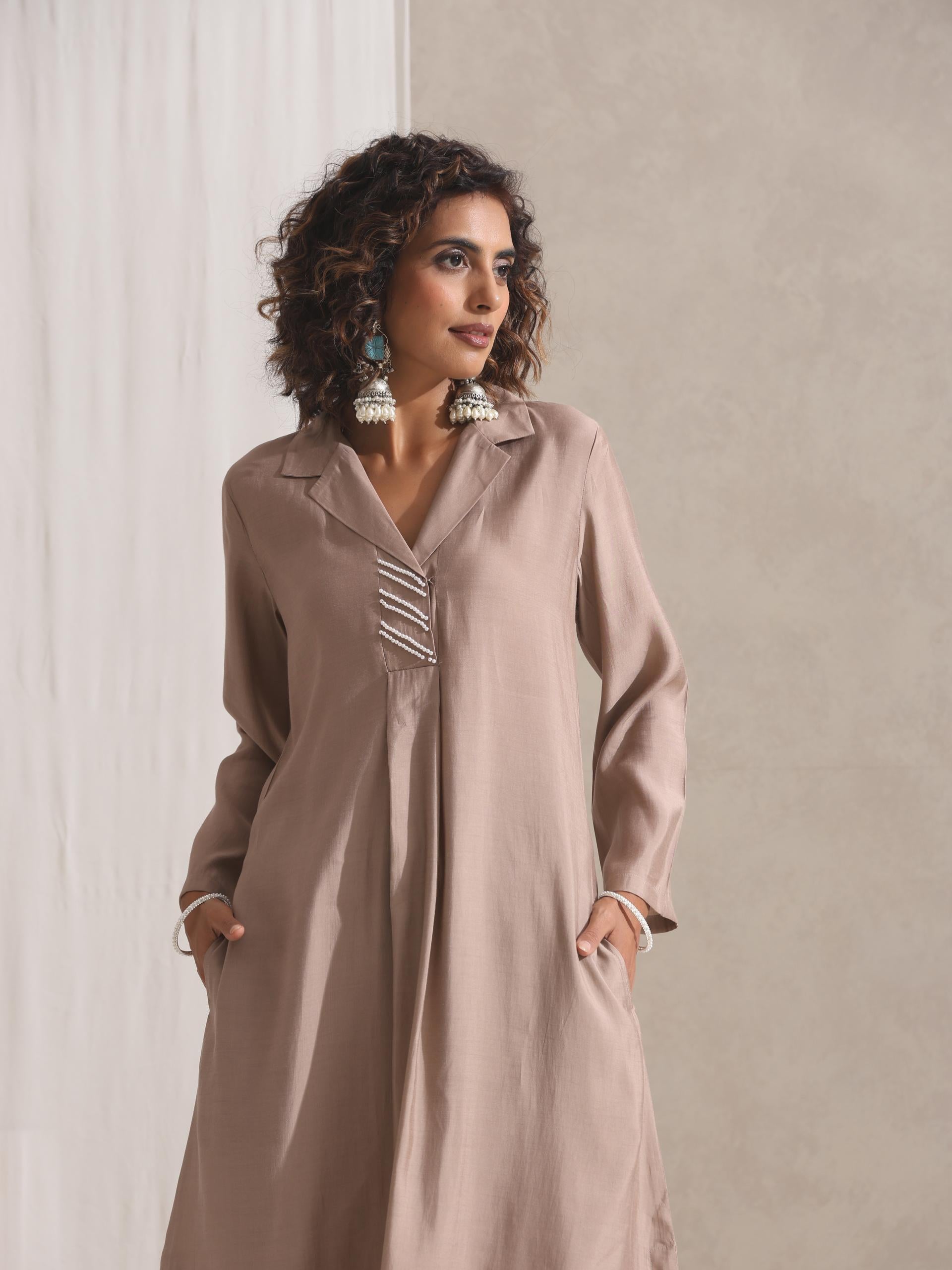 Women's Fawn Kurta and Pyjama with Pearl Embroidery 2 Piece Set | Straight Fit, V Neck, 3/4 Sleeves, Pyjama, Work Wear, (AirSkin Cotton Silk Blend)