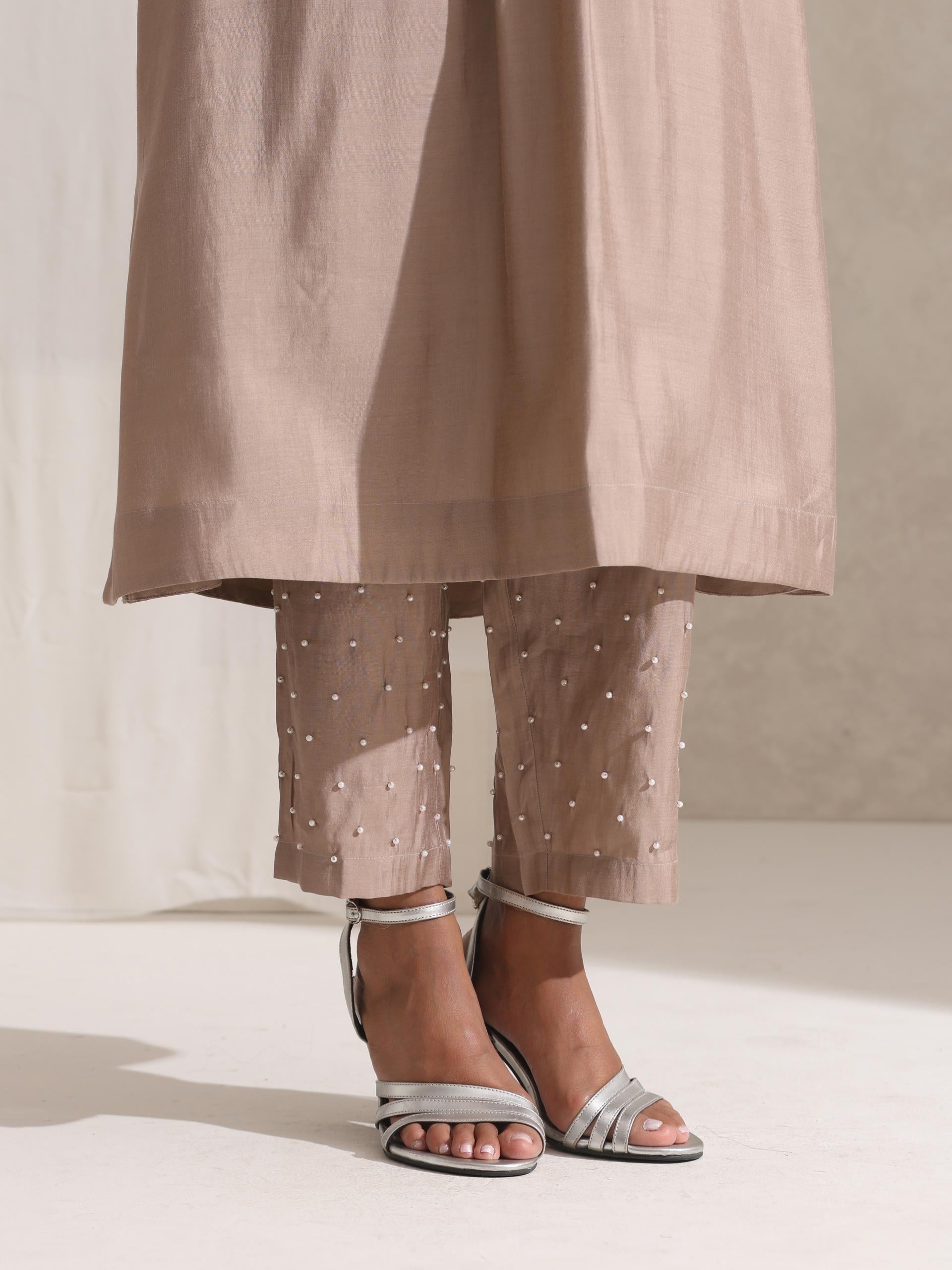 Women's Fawn Kurta and Pyjama with Pearl Embroidery 2 Piece Set | Straight Fit, V Neck, 3/4 Sleeves, Pyjama, Work Wear, (AirSkin Cotton Silk Blend)