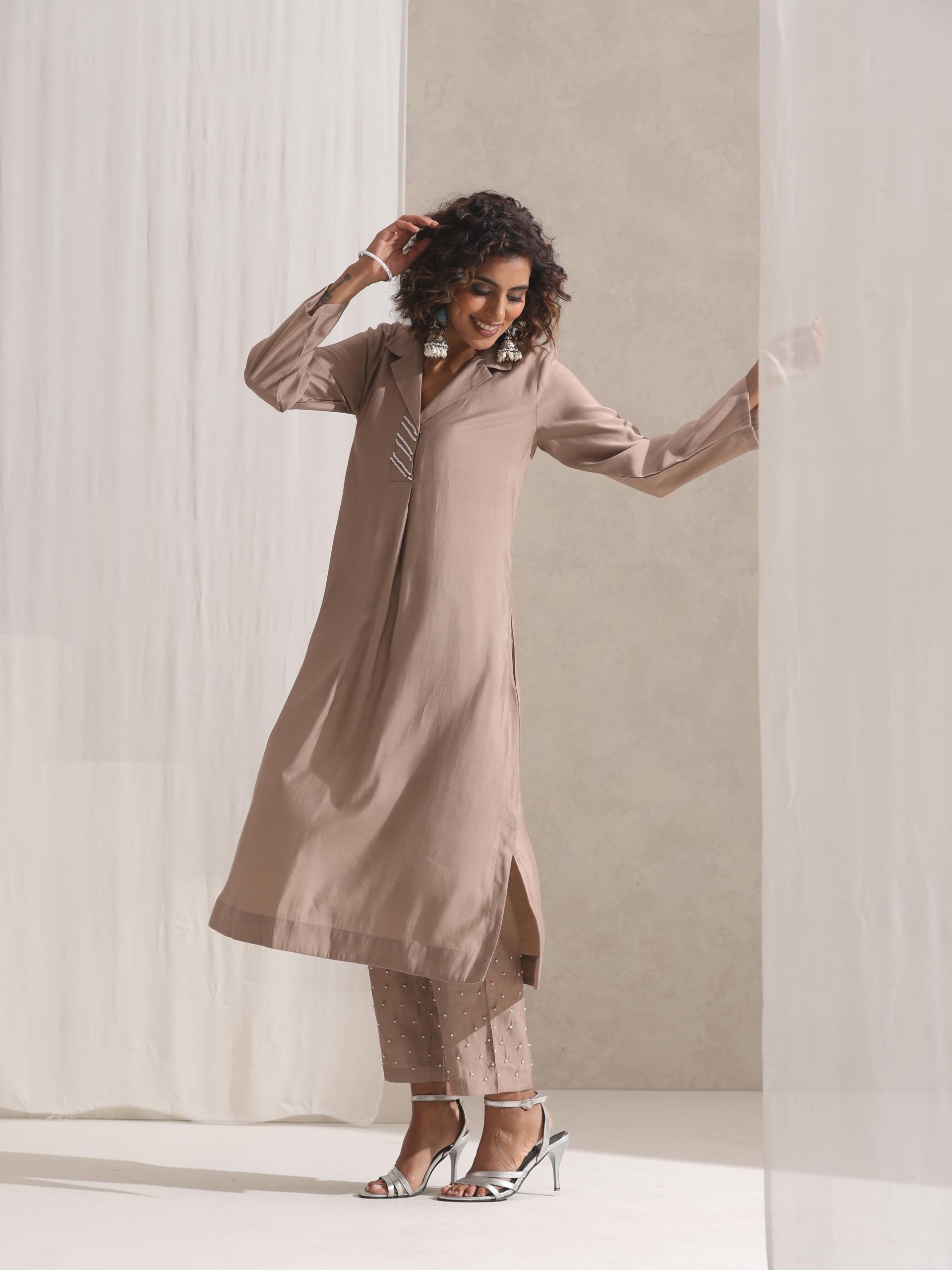 Women's Fawn Kurta and Pyjama with Pearl Embroidery 2 Piece Set | Straight Fit, V Neck, 3/4 Sleeves, Pyjama, Work Wear, (AirSkin Cotton Silk Blend)