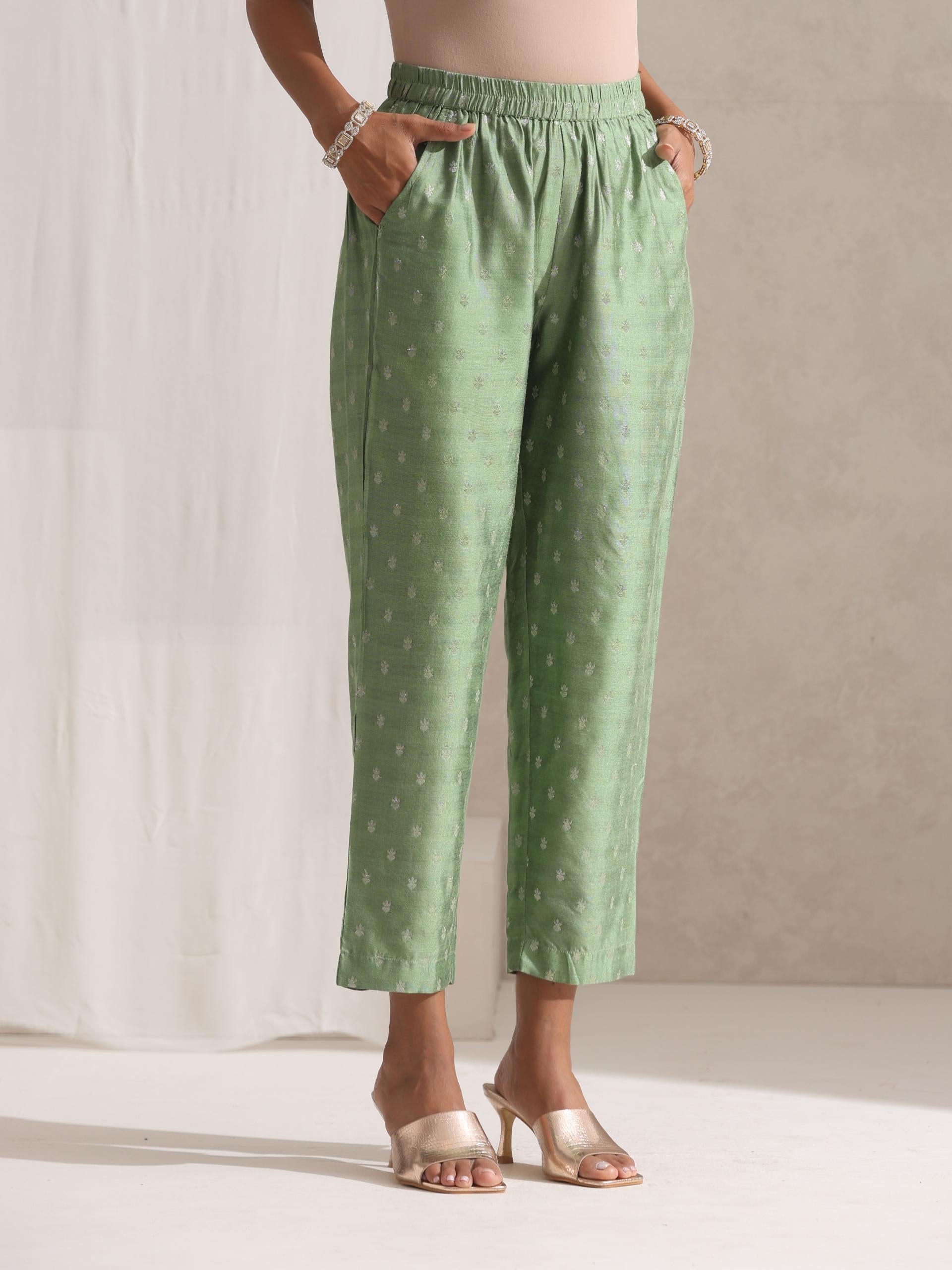 Women's Green Varanasi Silk Woven Collar Kurta with Pants 2 Piece Set | Straight Fit, Collar Neck, Full Sleeves Workwear, (Varanasi Silk)
