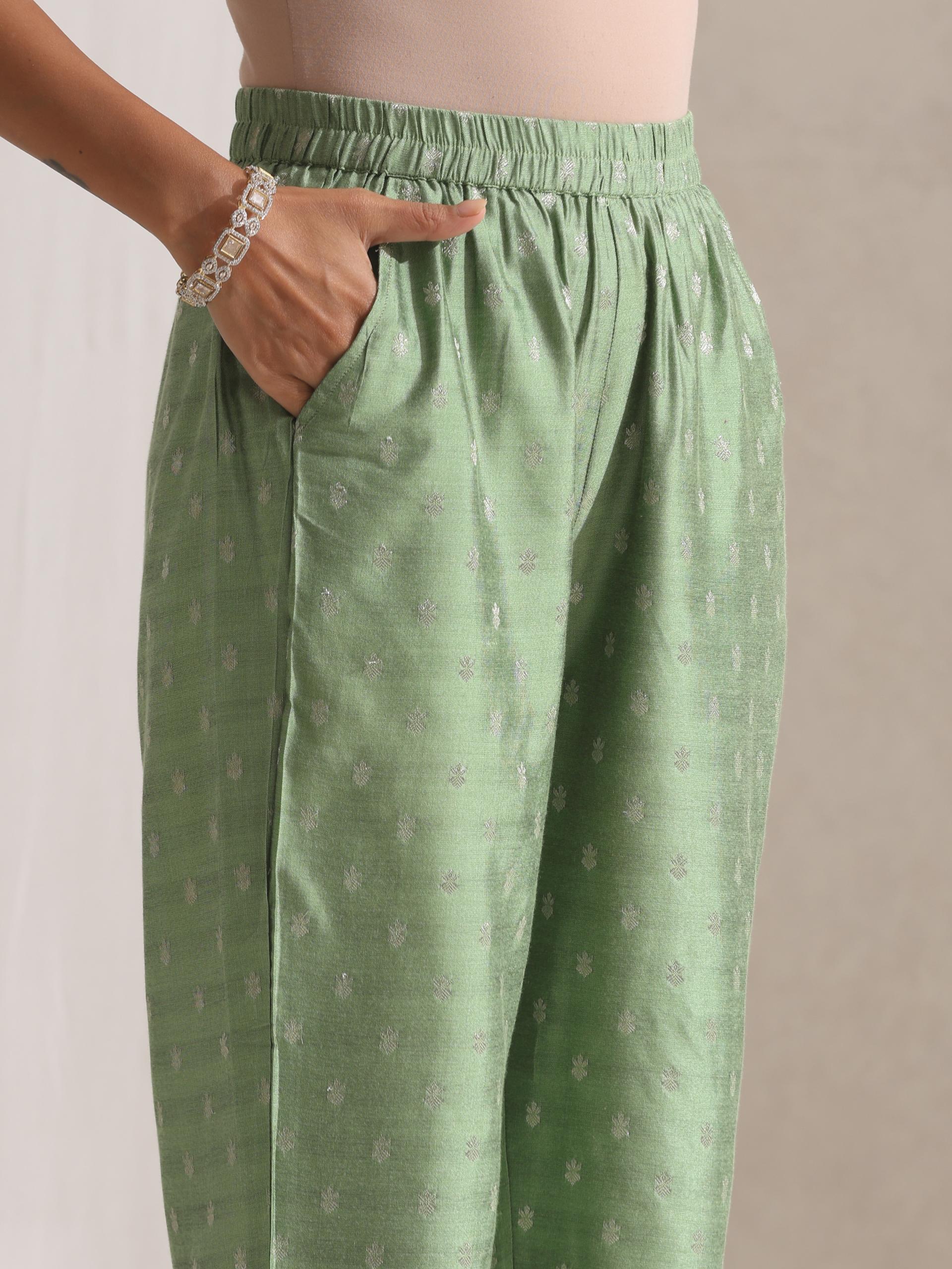 Women's Green Varanasi Silk Woven Collar Kurta with Pants 2 Piece Set | Straight Fit, Collar Neck, Full Sleeves Workwear, (Varanasi Silk)