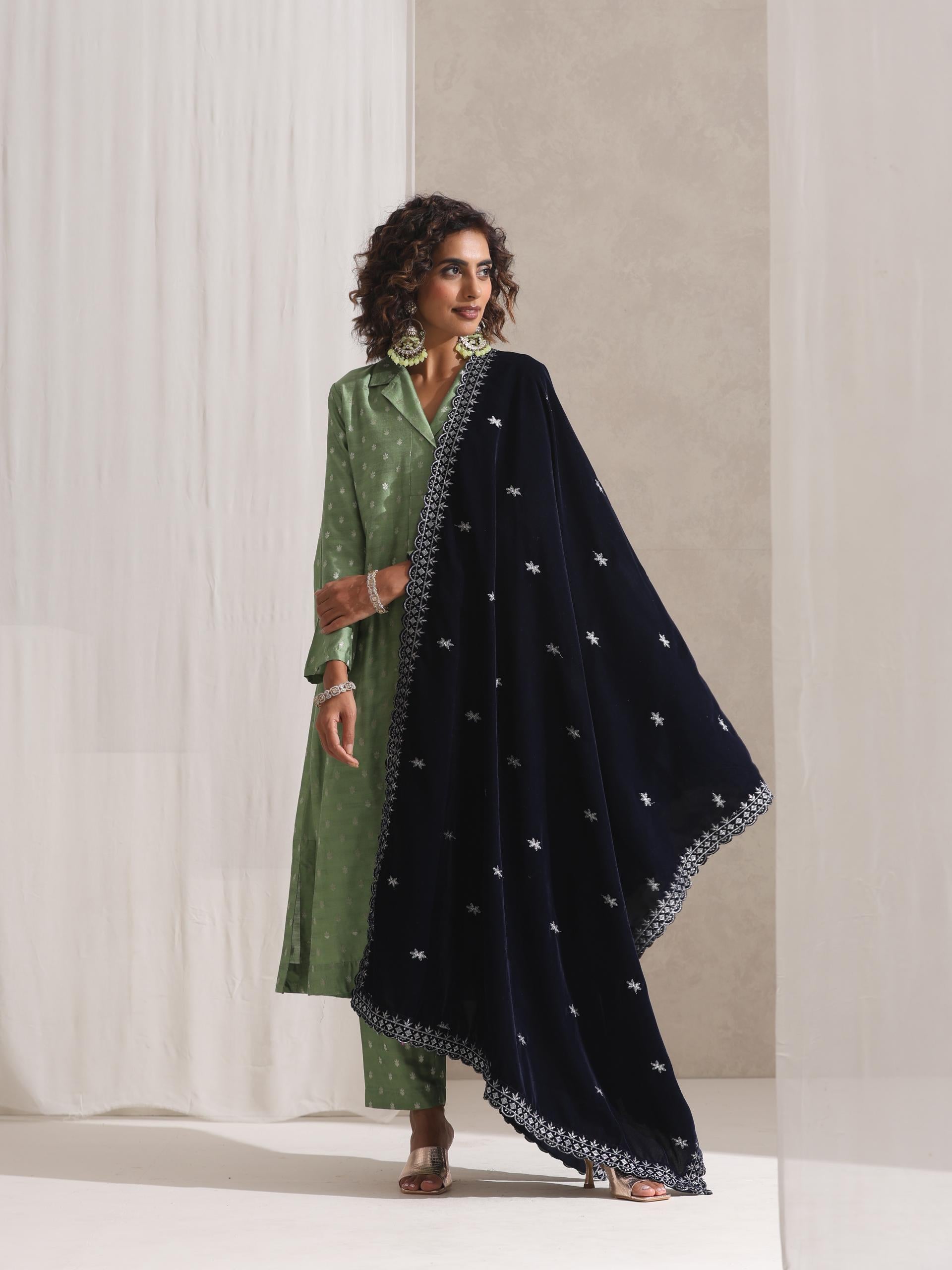 Women's Green Varanasi Silk Woven Collar Kurta with Pants 2 Piece Set | Straight Fit, Collar Neck, Full Sleeves Workwear, (Varanasi Silk)
