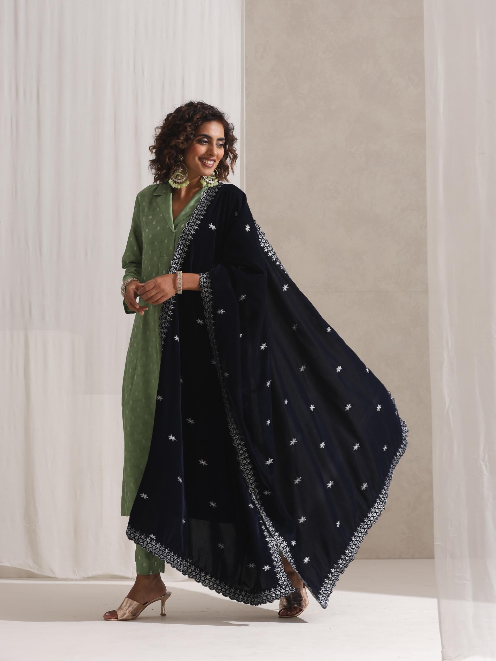 Women's Green Varanasi Silk Woven Collar Kurta with Pants 2 Piece Set | Straight Fit, Collar Neck, Full Sleeves Workwear, (Varanasi Silk)