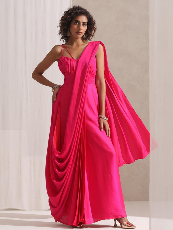All is Well - Dress Saree with Adjustable Straps in Fuschia Satin