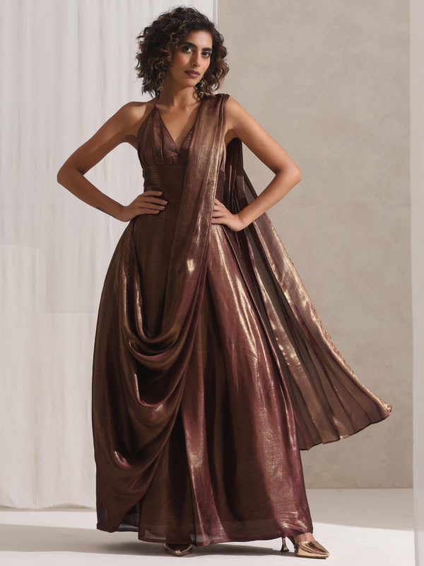 Dripping in Chocolate- Halter Dress Saree with Adjustable Waist in Chocolate Gold Chiffon