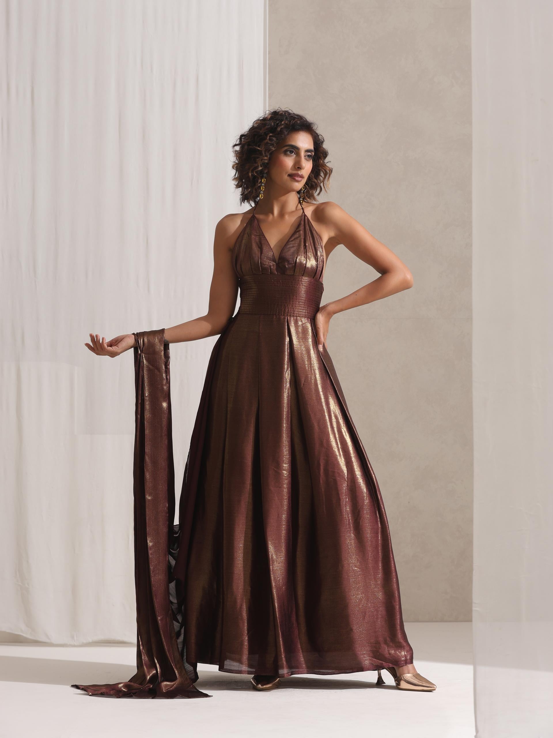Dripping in Chocolate- Halter Dress Saree with Adjustable Waist in Chocolate Gold Chiffon