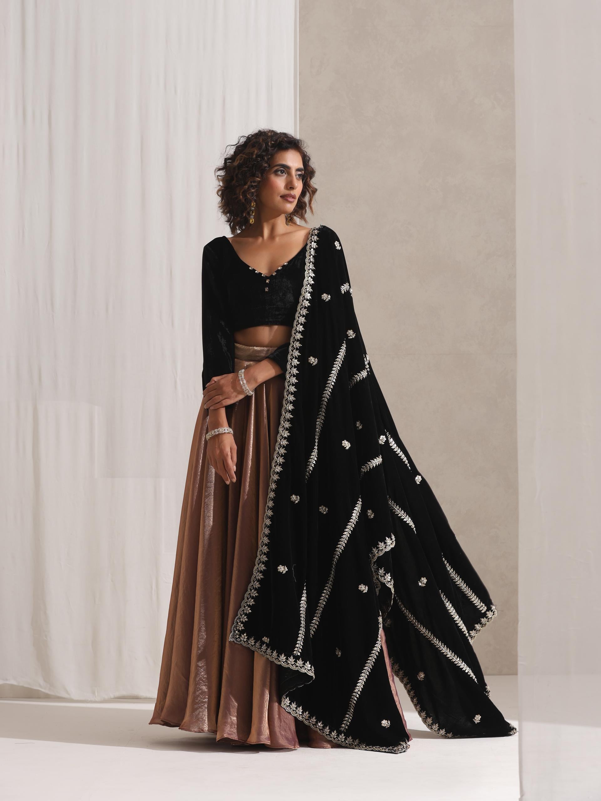 Women's Arabian Glamour Gold Metallic Sharara with Velvet Blouse and Beaded Black Shawl 3 Piece Set | Sharara, V Neck, Full Sleeve, Shawl, Festive Wear, (Metallic Velvet)