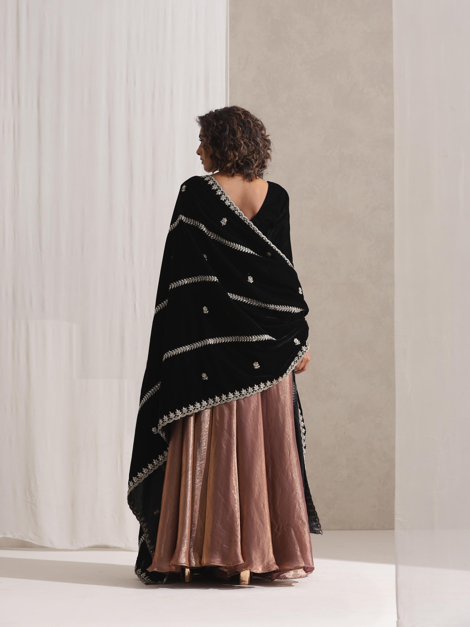 Women's Arabian Glamour Gold Metallic Sharara with Velvet Blouse and Beaded Black Shawl 3 Piece Set | Sharara, V Neck, Full Sleeve, Shawl, Festive Wear, (Metallic Velvet)