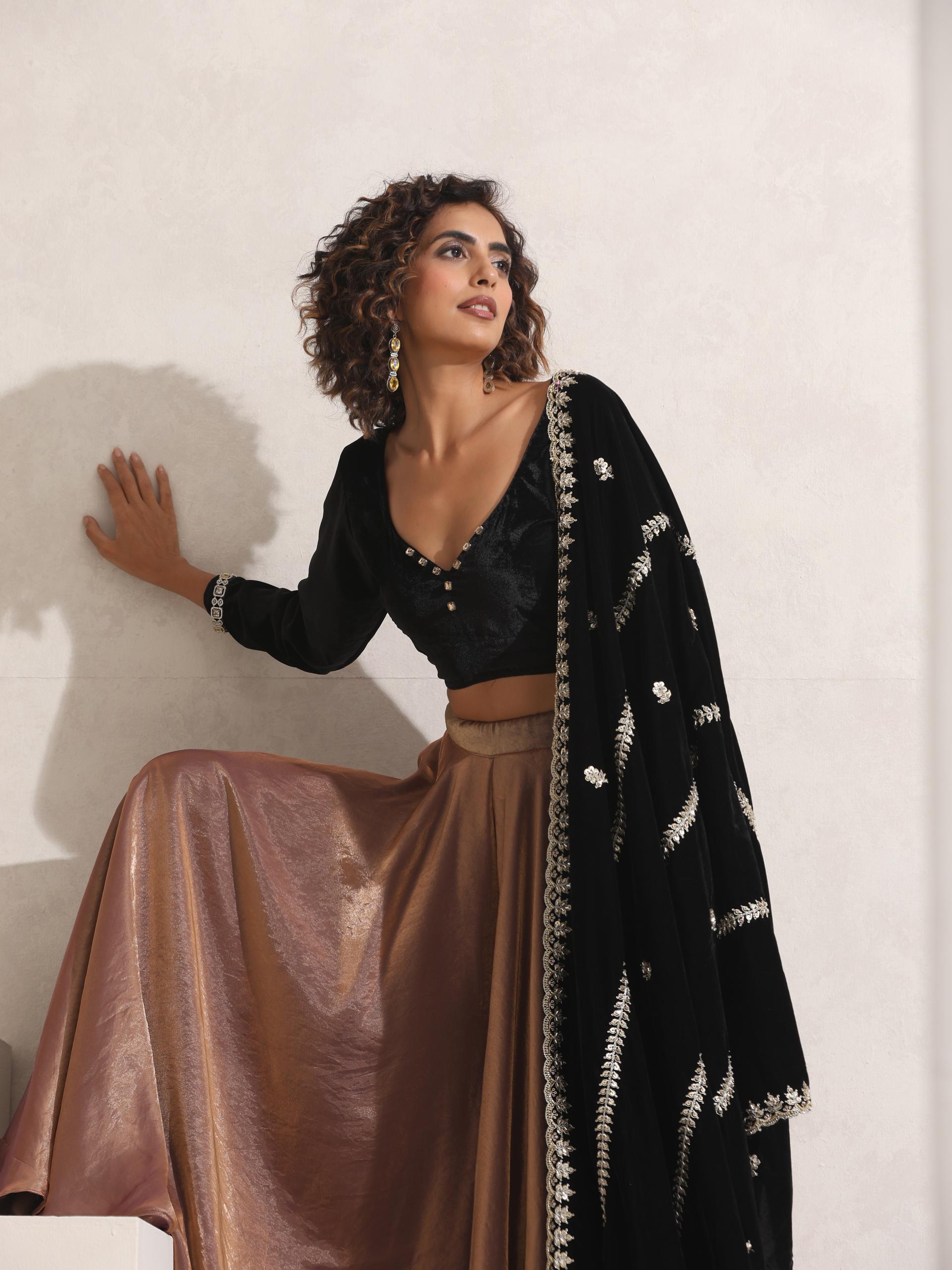 Women's Arabian Glamour Gold Metallic Sharara with Velvet Blouse and Beaded Black Shawl 3 Piece Set | Sharara, V Neck, Full Sleeve, Shawl, Festive Wear, (Metallic Velvet)