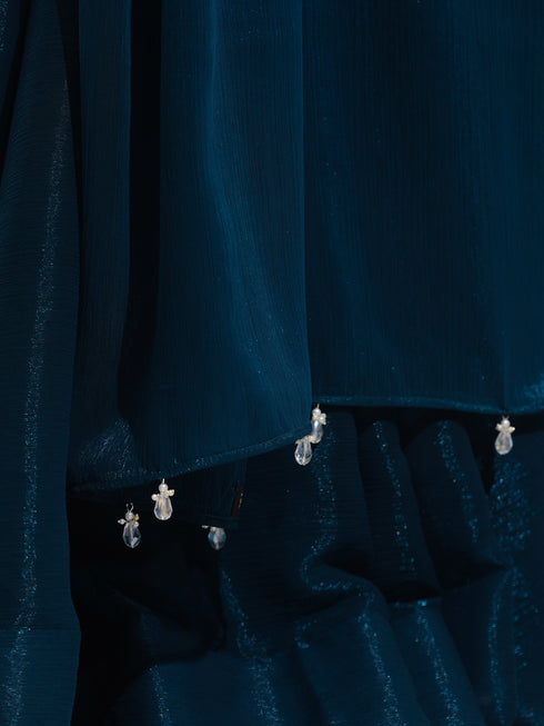 Petrol Blue Shimmer Chiffon Saree with Beads and Self Blouse Fabric