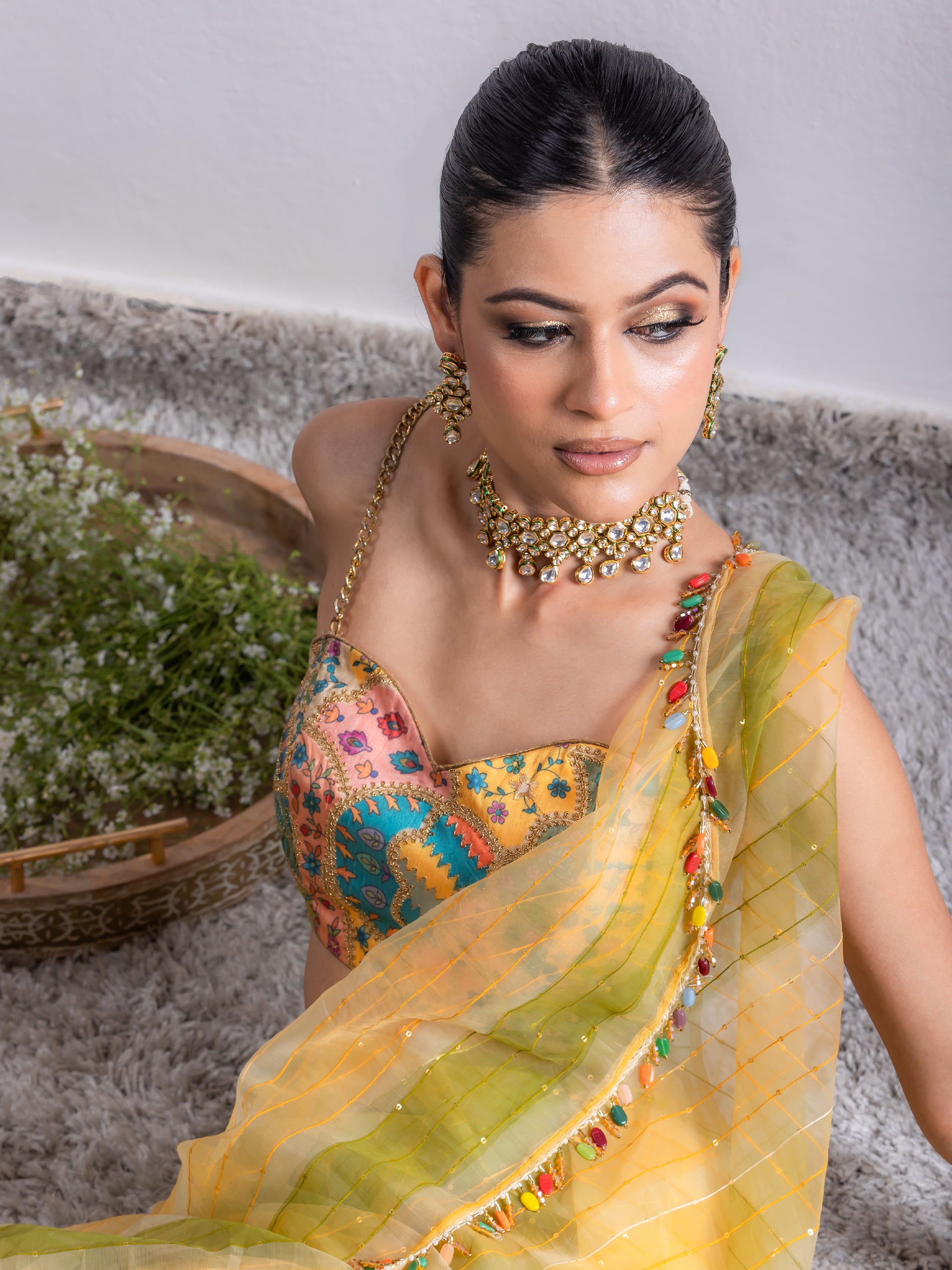 Hand Painted Green Yellow Sparkle Organza Saree with Lace & Blouse Fabric
