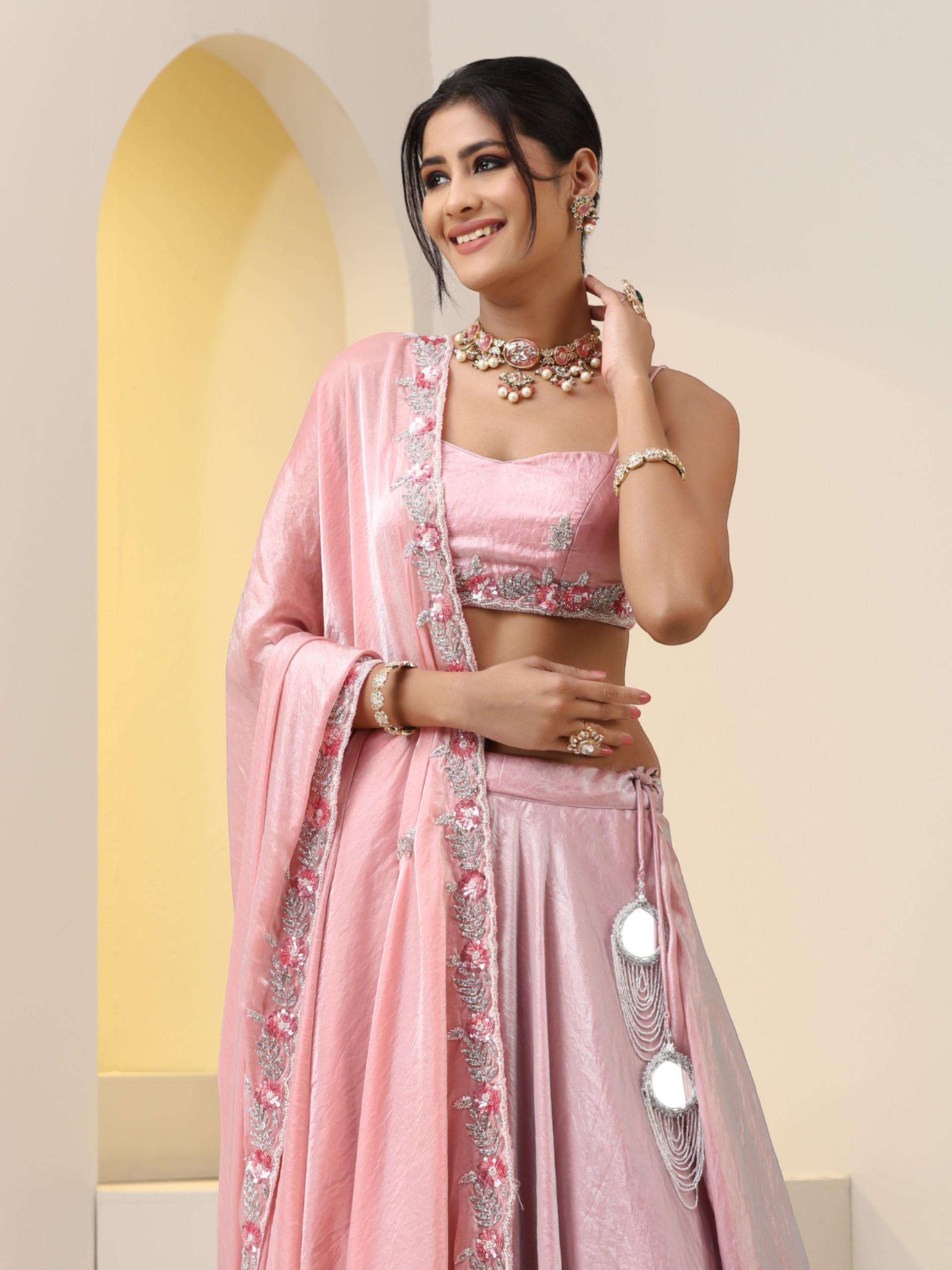 3 pc SET - Pink Blue Metallic Satin Lehenga with Hand Embroidered Cut Dana Blouse Fabric and Dupatta