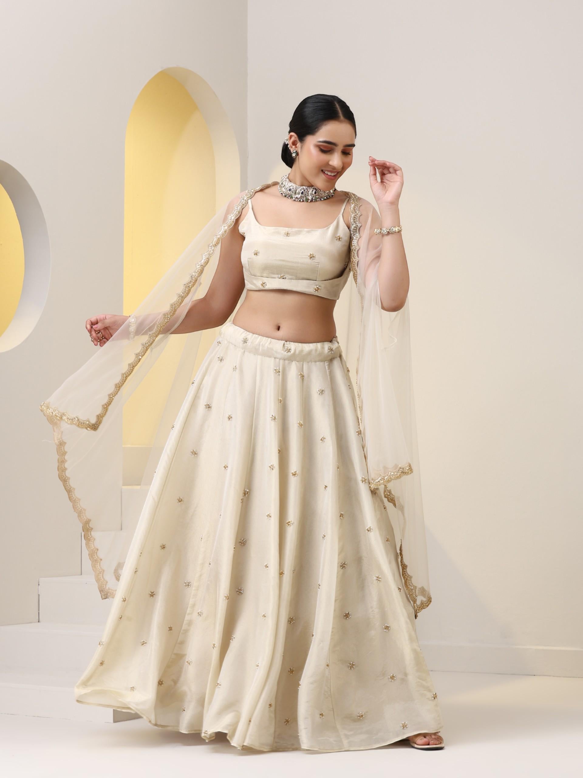 Enchanting Pure Silk Tissue Beaded Lehenga with Net Dupatta and Blouse Fabric