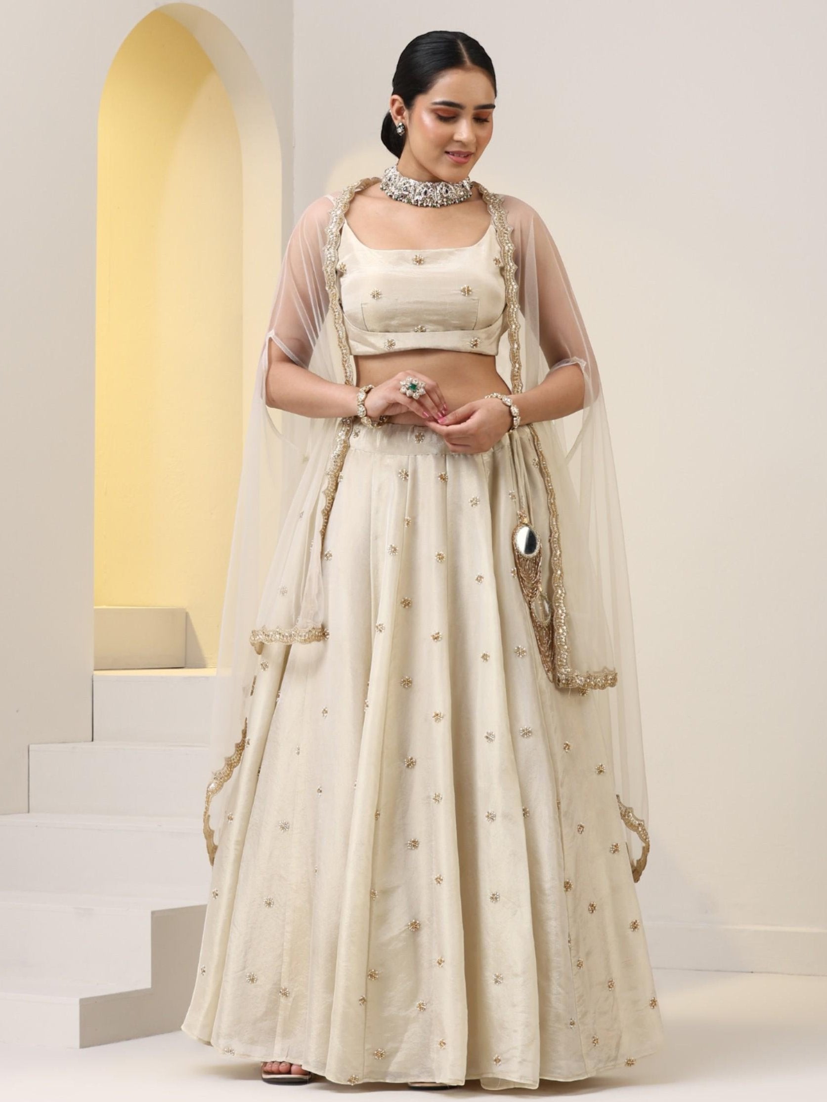 Enchanting Pure Silk Tissue Beaded Lehenga with Net Dupatta and Blouse Fabric