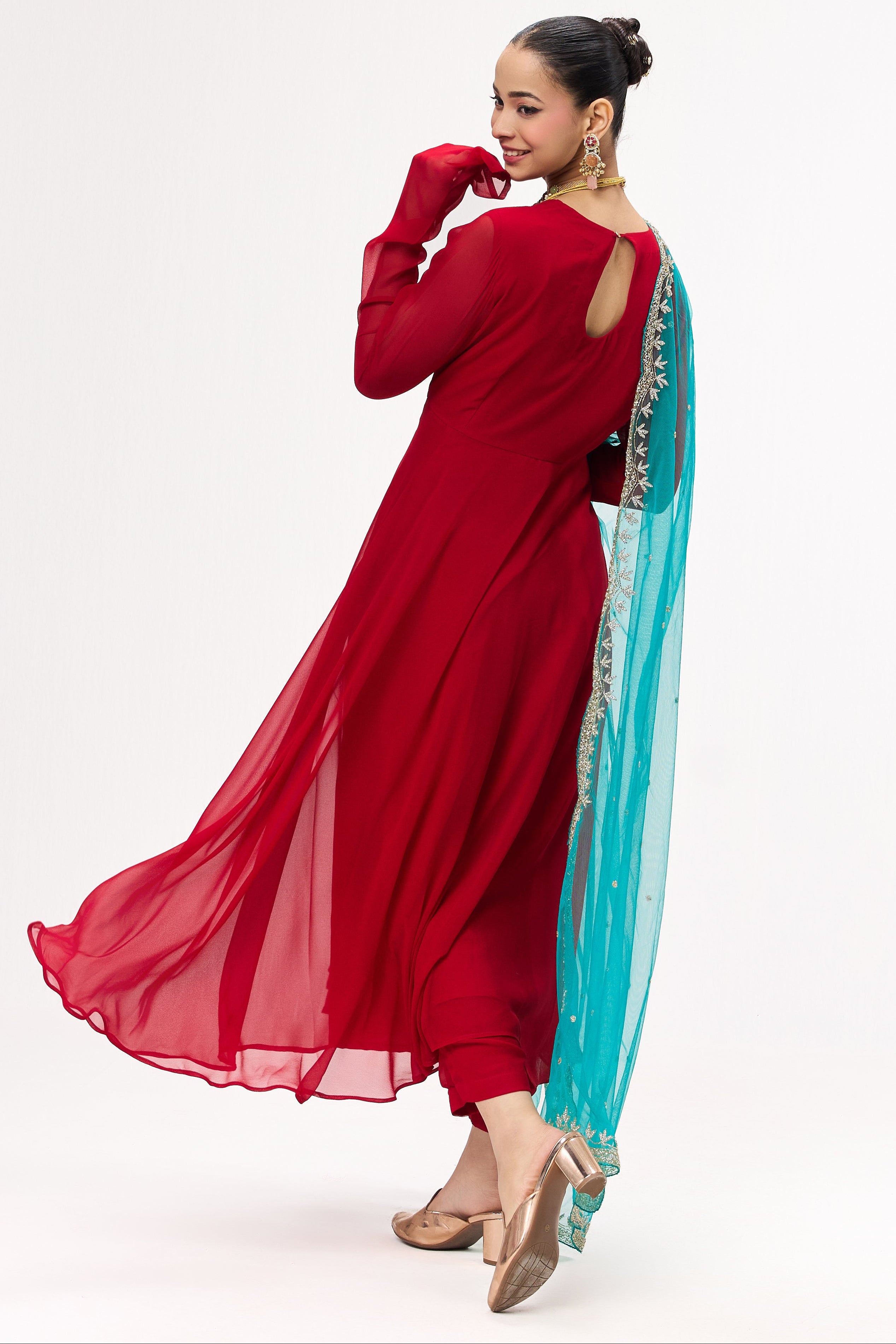 3 pc Suit Set - Power Red Georgette Long Sleeve Anarkali Suit with Pants and Teal Hand Embrodiered Dupatta