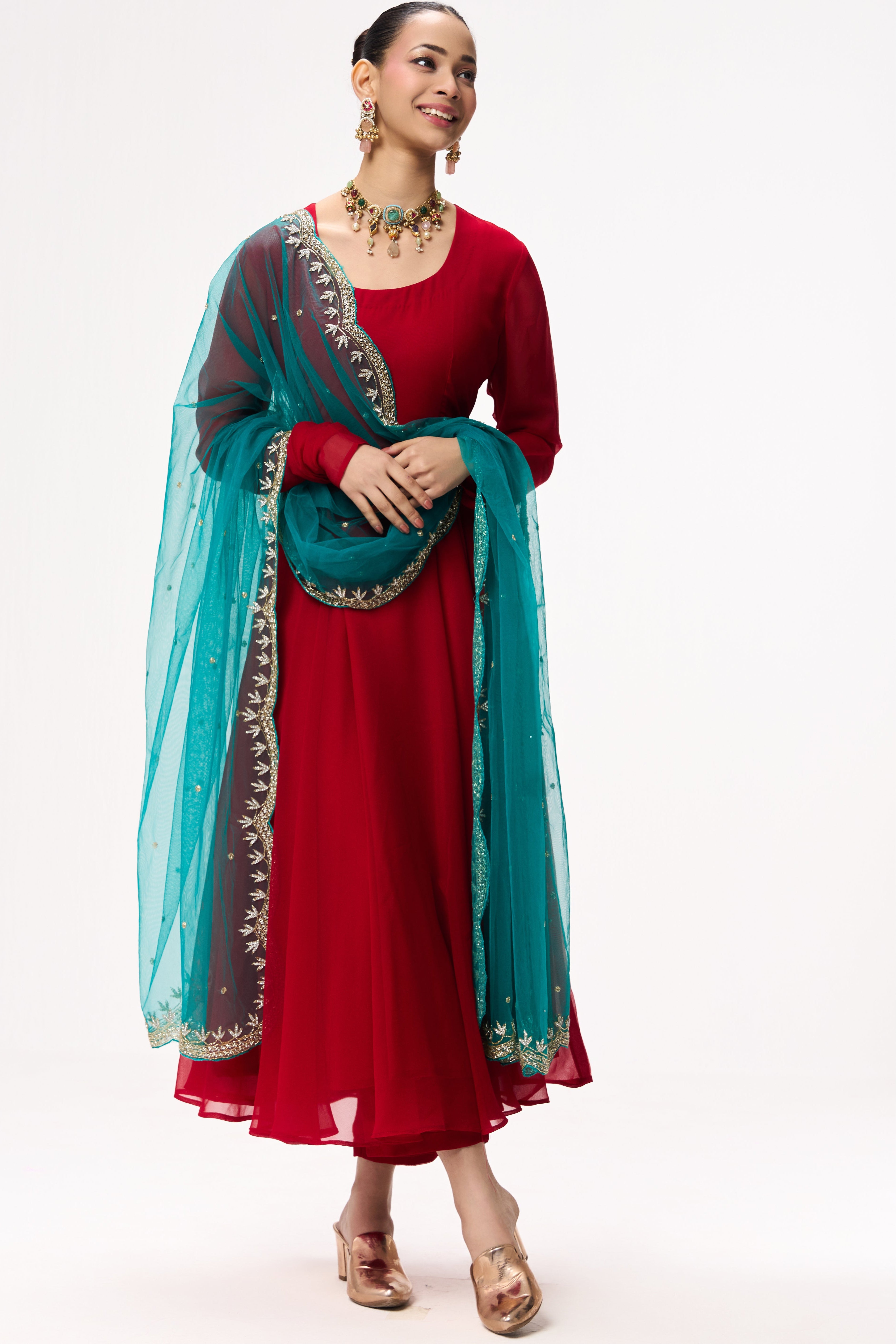 3 pc Suit Set - Power Red Georgette Long Sleeve Anarkali Suit with Pants and Teal Hand Embrodiered Dupatta