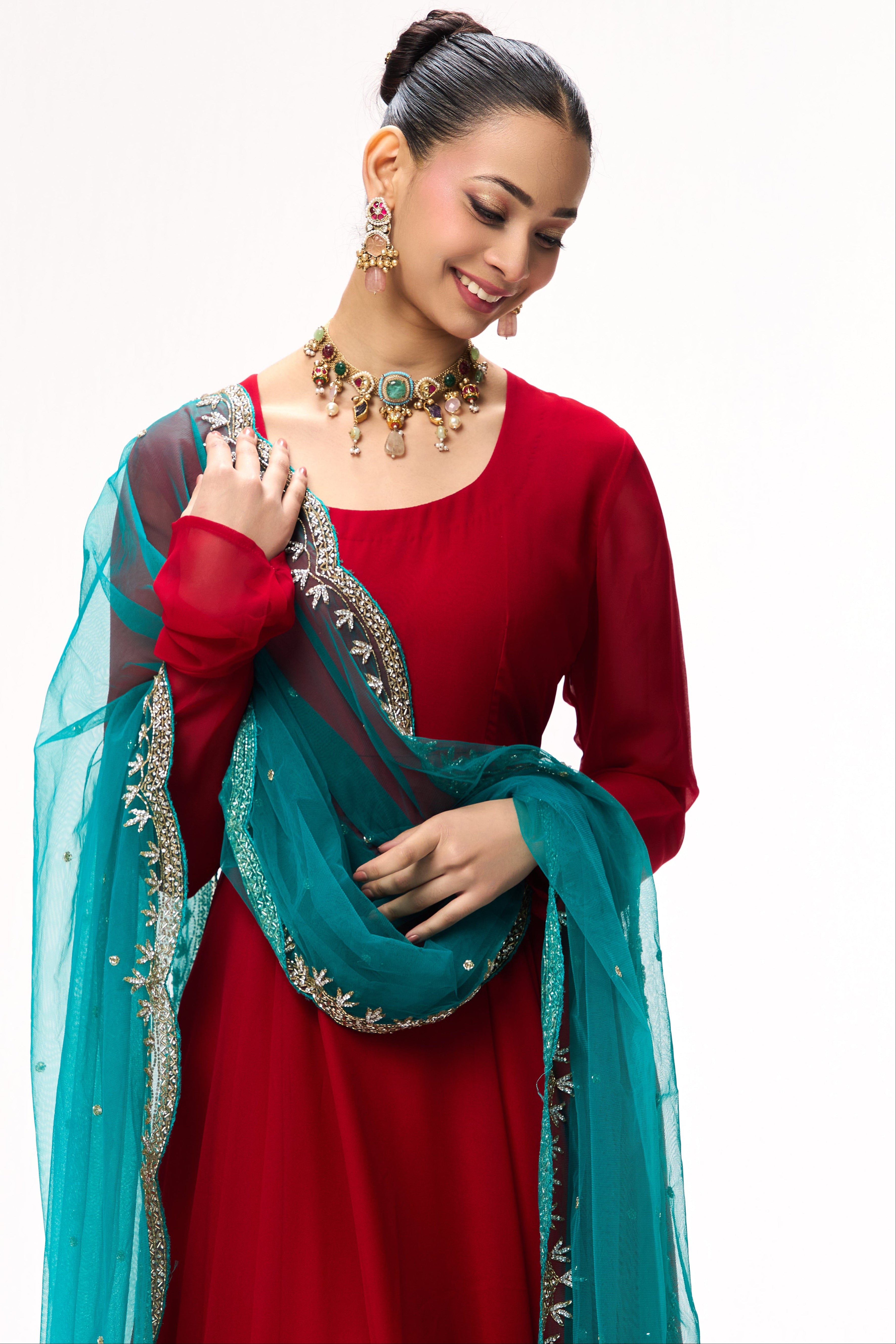 3 pc Suit Set - Power Red Georgette Long Sleeve Anarkali Suit with Pants and Teal Hand Embrodiered Dupatta