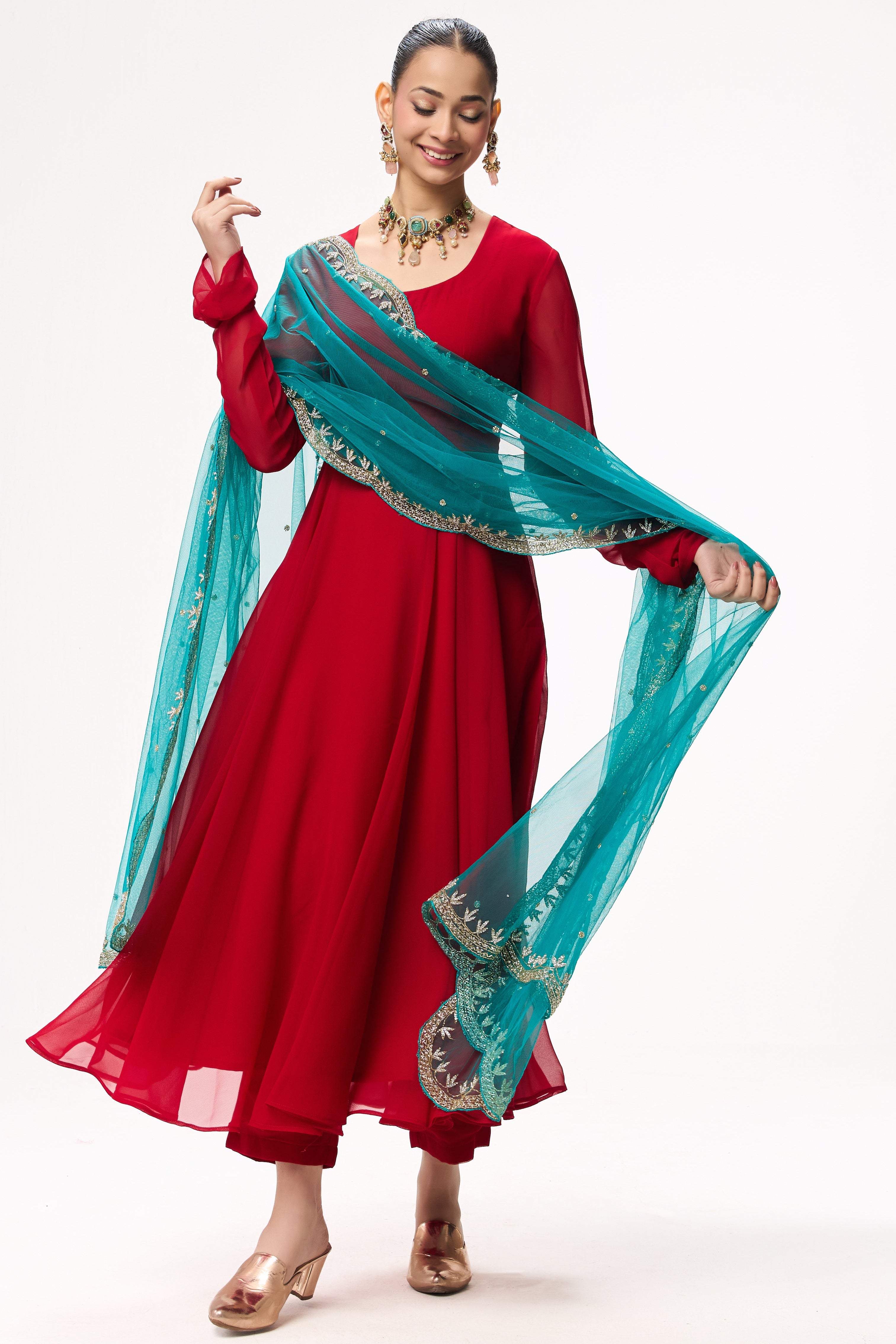 3 pc Suit Set - Power Red Georgette Long Sleeve Anarkali Suit with Pants and Teal Hand Embrodiered Dupatta