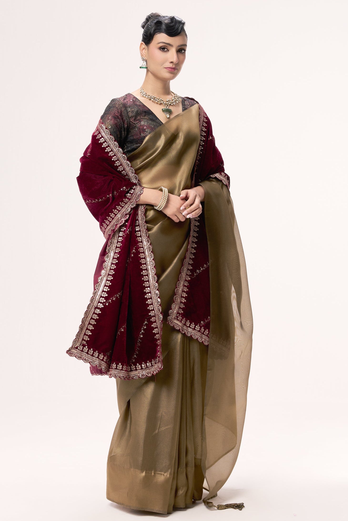 Bronze Foil Organza Saree with Embroidered Blouse Fabric