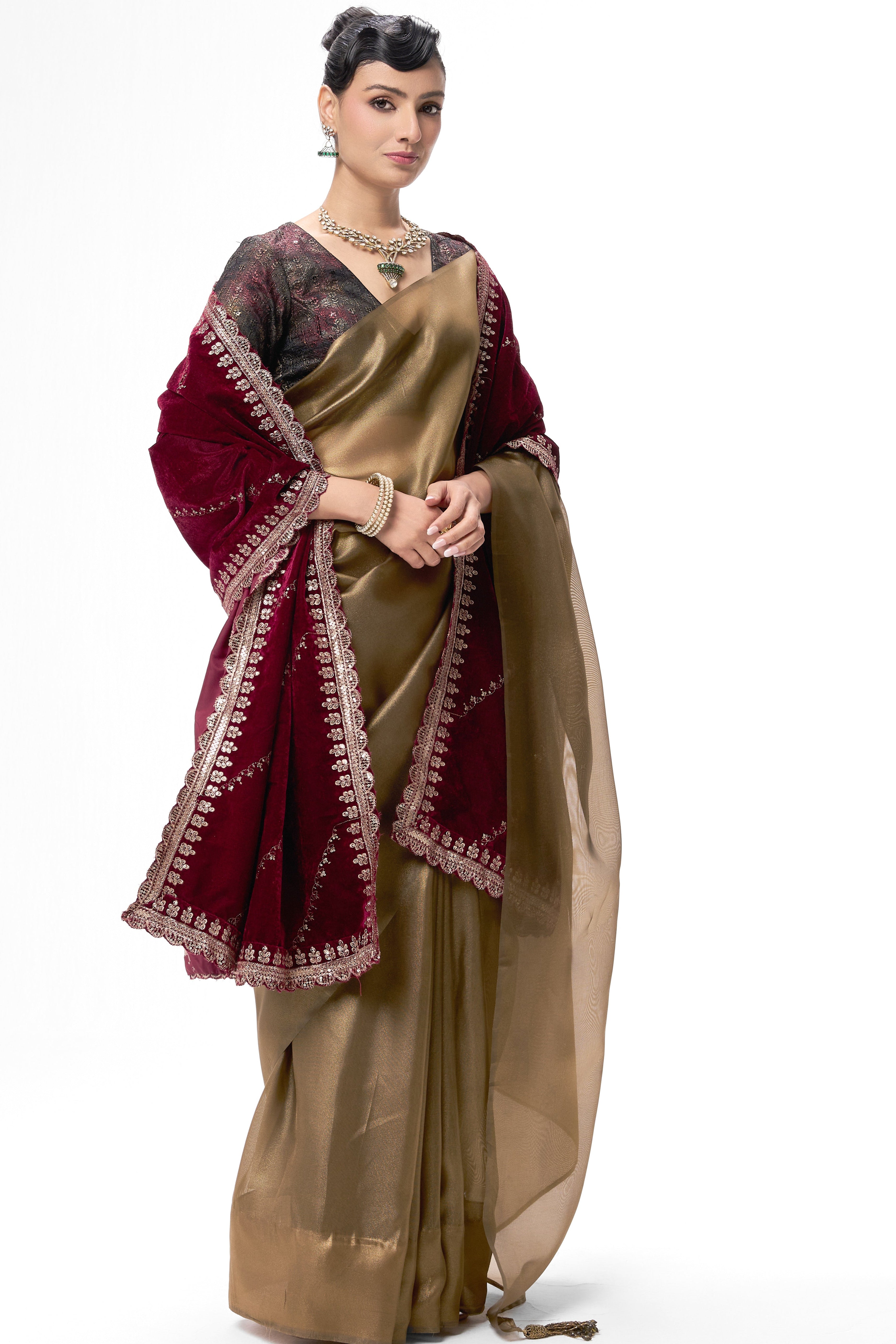 Bronze Foil Organza Saree with Embroidered Blouse Fabric